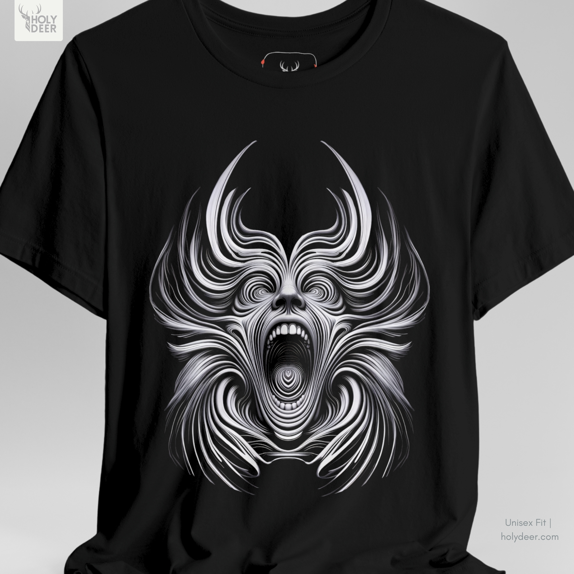 Urban lifestyle model wearing the centered Dark Psychedelic Tee from Holydeer Clothing, standing as a high-end gothic graphic shirt statement matching elite witchy aesthetic top trends.