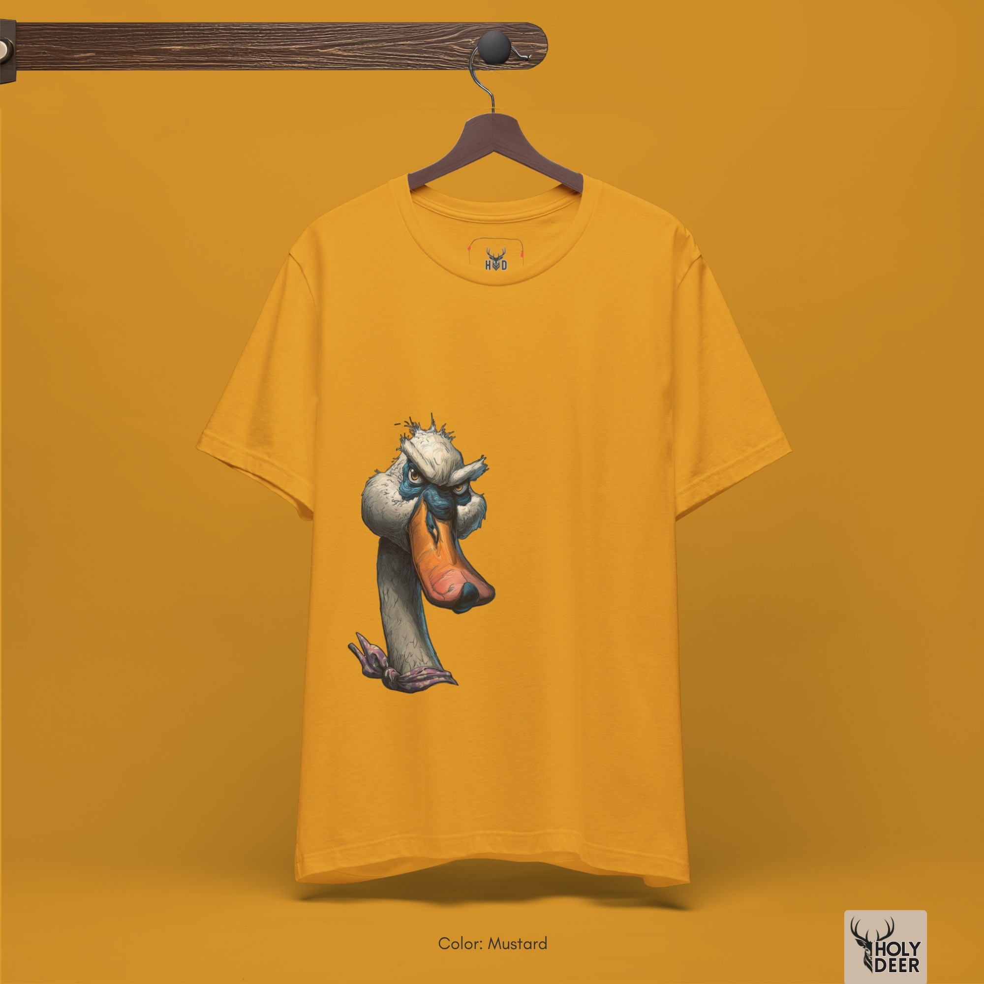 The iconic Grumpy Duck Shirt hanging cleanly on a luxury wood hanger, highlighting the robust neckline structure, asymmetric graphic flow, and the official holydeer.com retail tags.