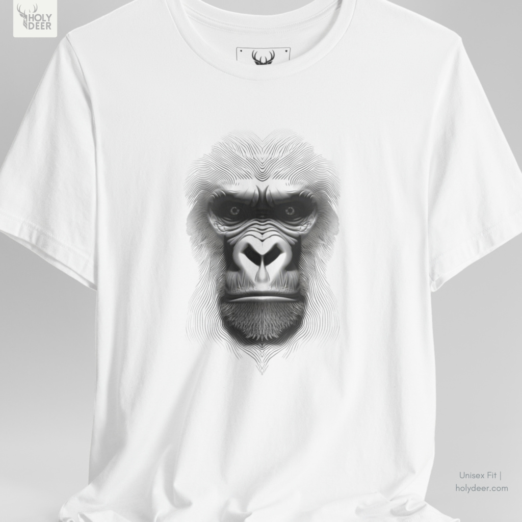 Professional flat lay photography of the Gorilla Graphic Tee by Holydeer Apparel, arranged cleanly next to polished black obsidian stones, heavy raw iron chains, and premium lifestyle aesthetic ape shirt items.