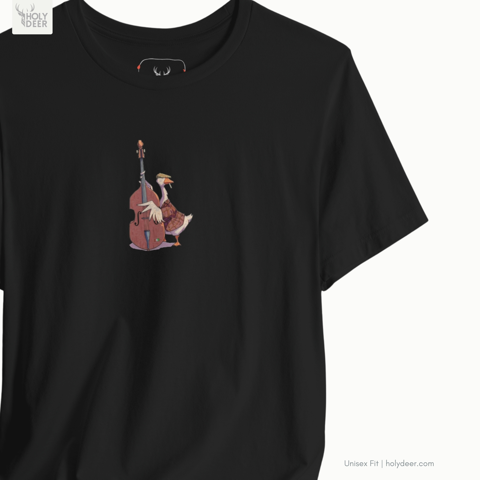 Brick wall jazz club architecture outdoor lifestyle model wearing the centered Musician Goose Top from Holydeer Clothing, standing as a high-end double bass tee statement matching elite retro jazz vibe trends.