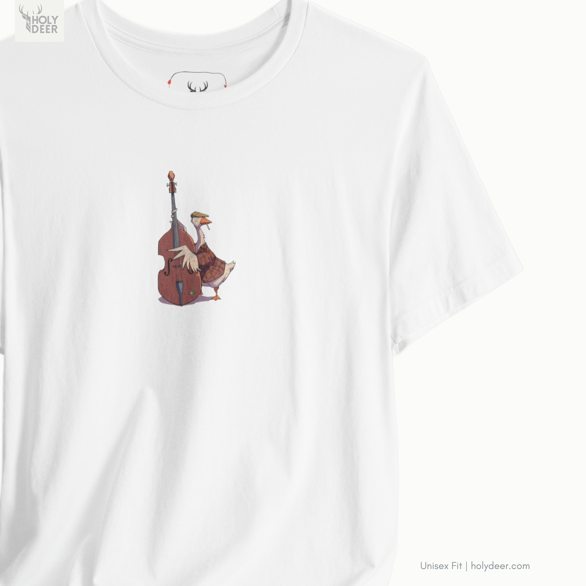 Soft teal shadow studio backdrop framing the unique Musician Goose Top by Holydeer Streetwear, magnifying the clean centered jazz duck shirt placement and premium upright bass gift presentation.
