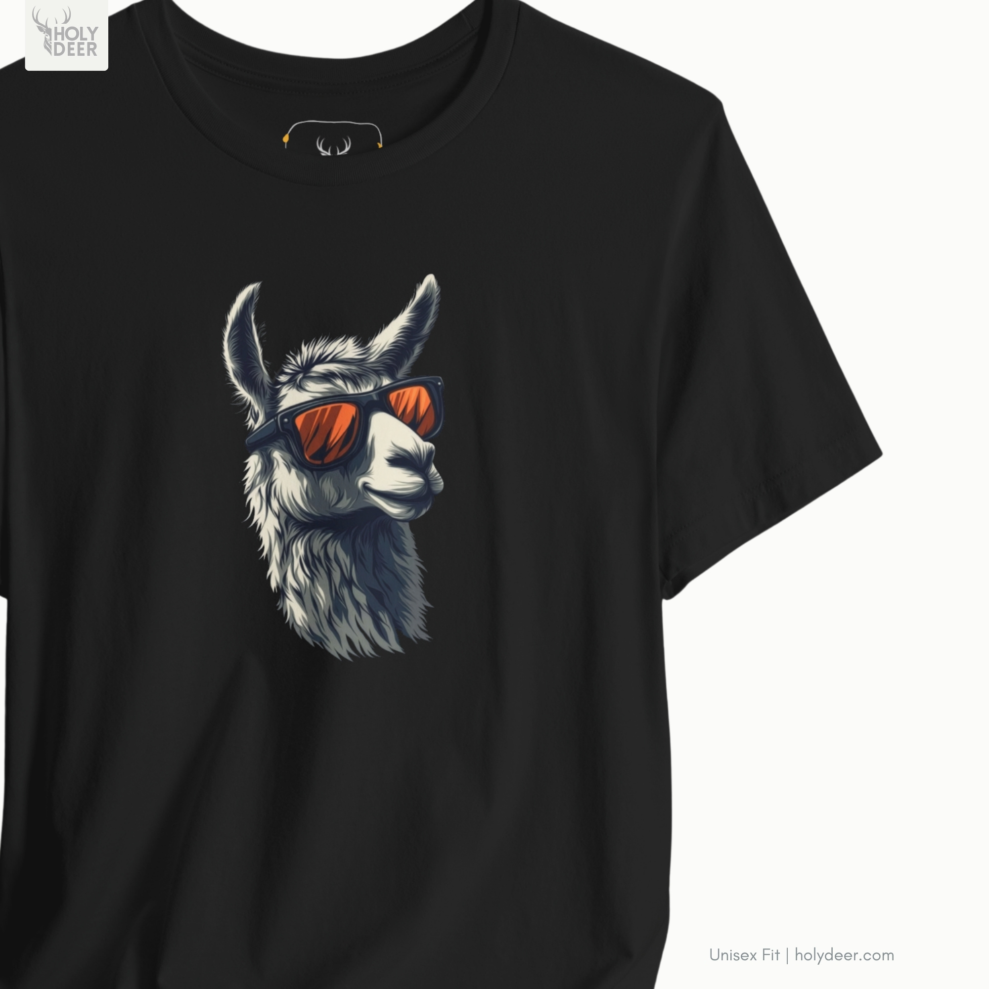 Macro view of the intense orange sunglasses frames embedded in the Cool Llama Shirt artwork, showing the line-art depth that separates this holydeer tee from generic products.
