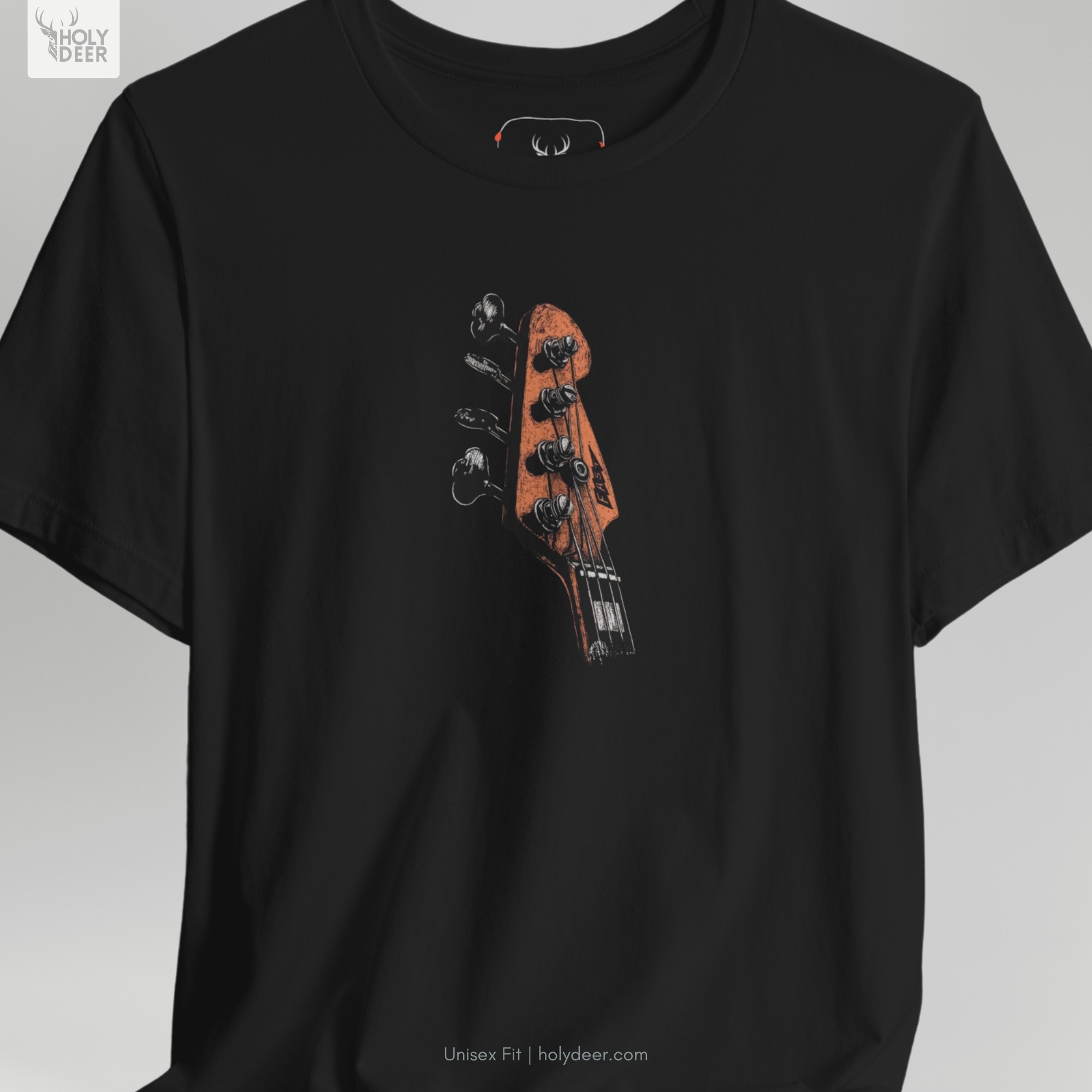Angled perspective of the premium screen-printed Bass Guitar Tee, detailing the wooden texture feel, retro music apparel alignment, and the signature holydeer tee high-detail print look.