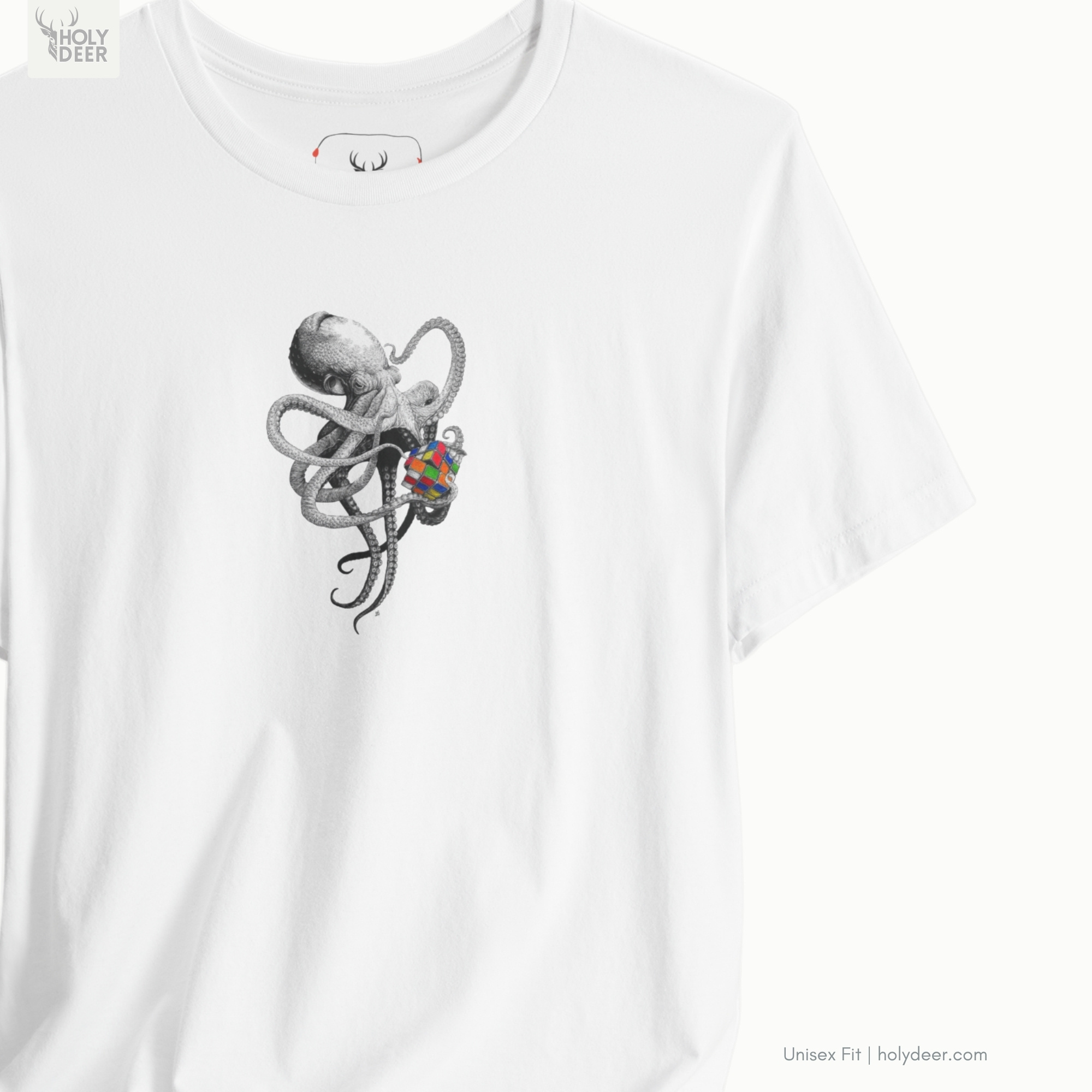 Angled perspective of the premium screen-printed Smart Octopus Shirt, detailing the thick paint feel of the swirling arm layout and fine dot-stippled head textures, center layout placement, and the signature holydeer tee high-contrast design.