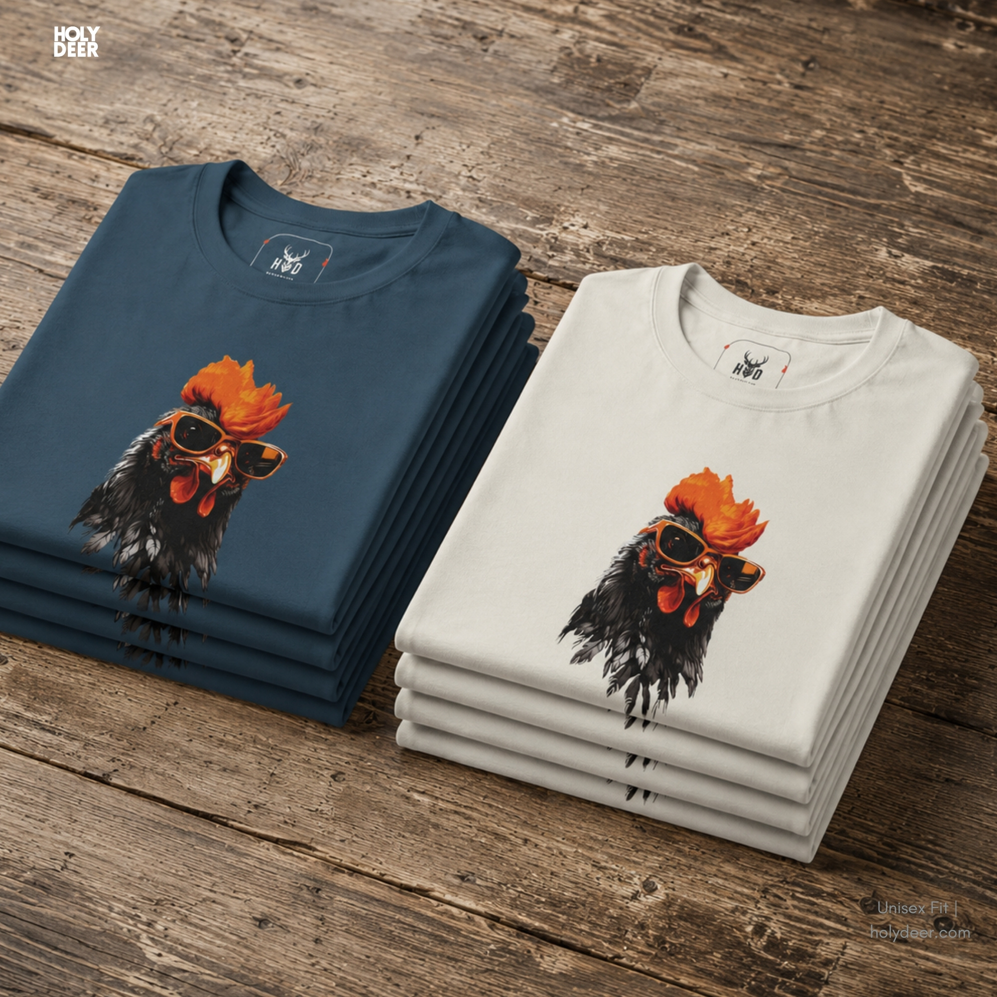 Angled perspective of the premium screen-printed Cool Rooster Tee, detailing the thick paint feel, funny rooster shirt alignment, and the signature holydeer tee high-contrast look.
