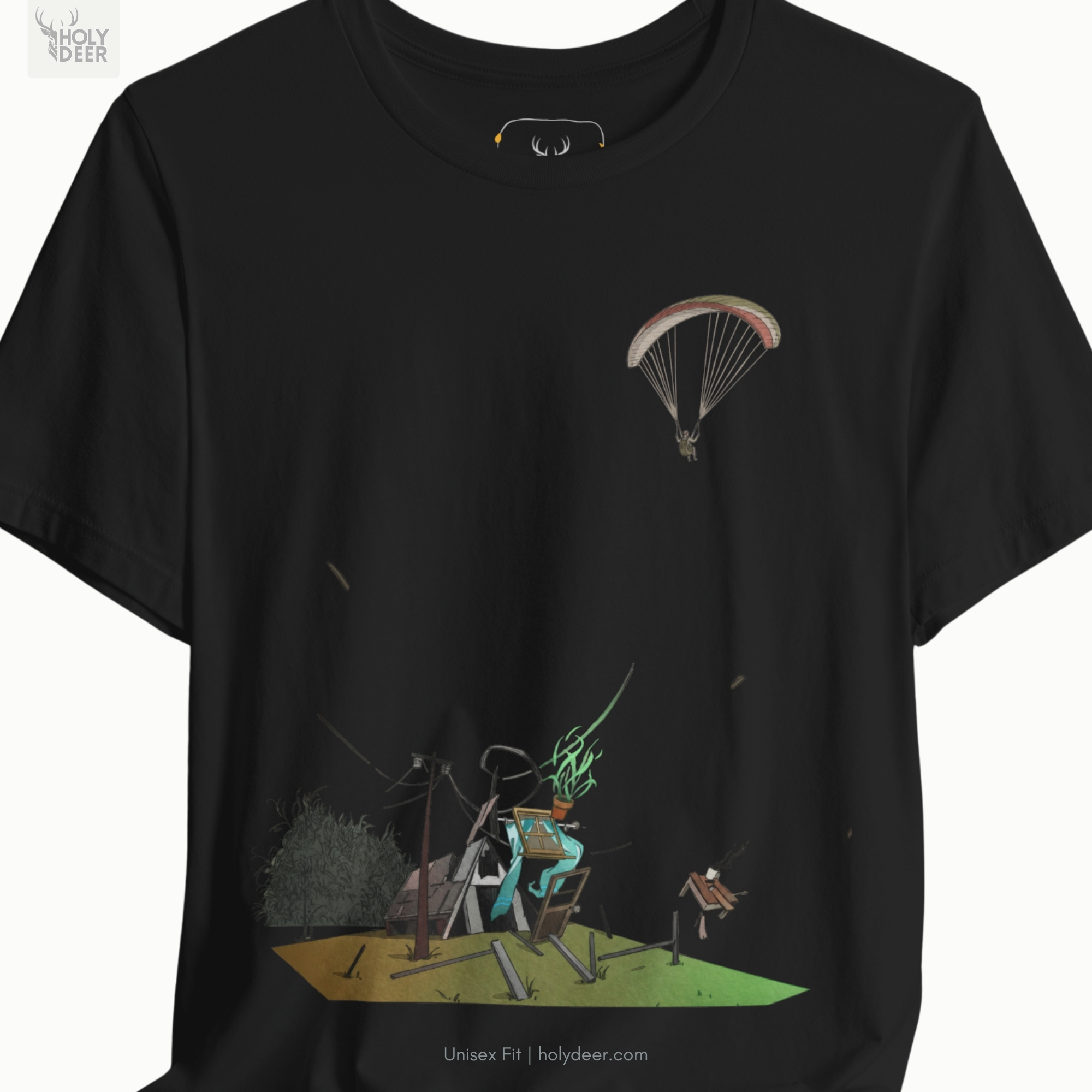 Angled perspective of the premium screen-printed Paragliding Tee, detailing the thick paint feel, paraglider shirt alignment, and the signature holydeer tee high-contrast sky adventure art look.