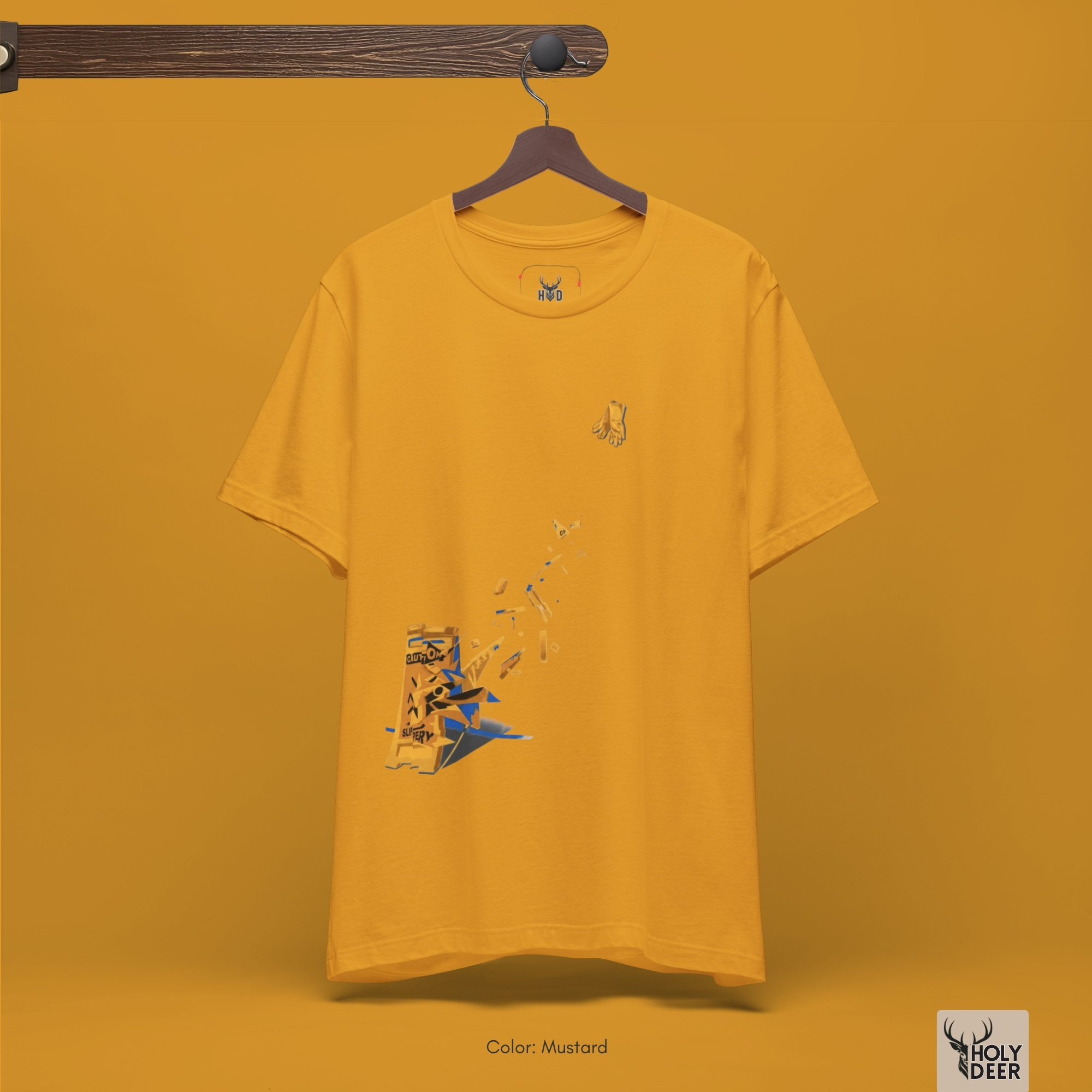 Dark shadow studio backdrop framing the unique Caution Sign Tee by Holydeer Streetwear, magnifying the clean asymmetric graphic placement and premium irony graphic tee presentation.