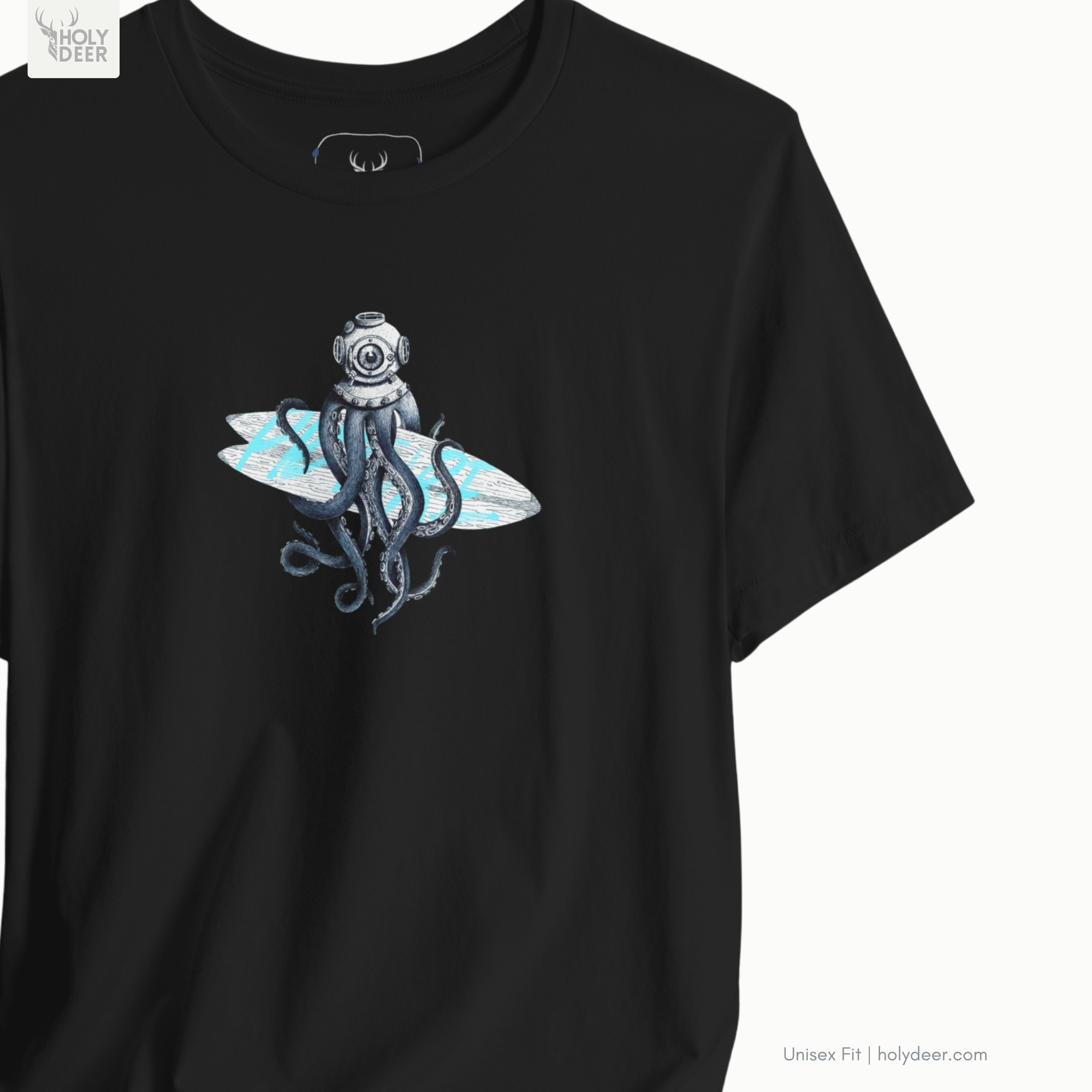 Professional flat lay photography of the Diver Octopus Shirt by Holydeer Apparel, arranged elegantly next to premium marine illustration blueprints and high-end retro nautical vibe accessories.