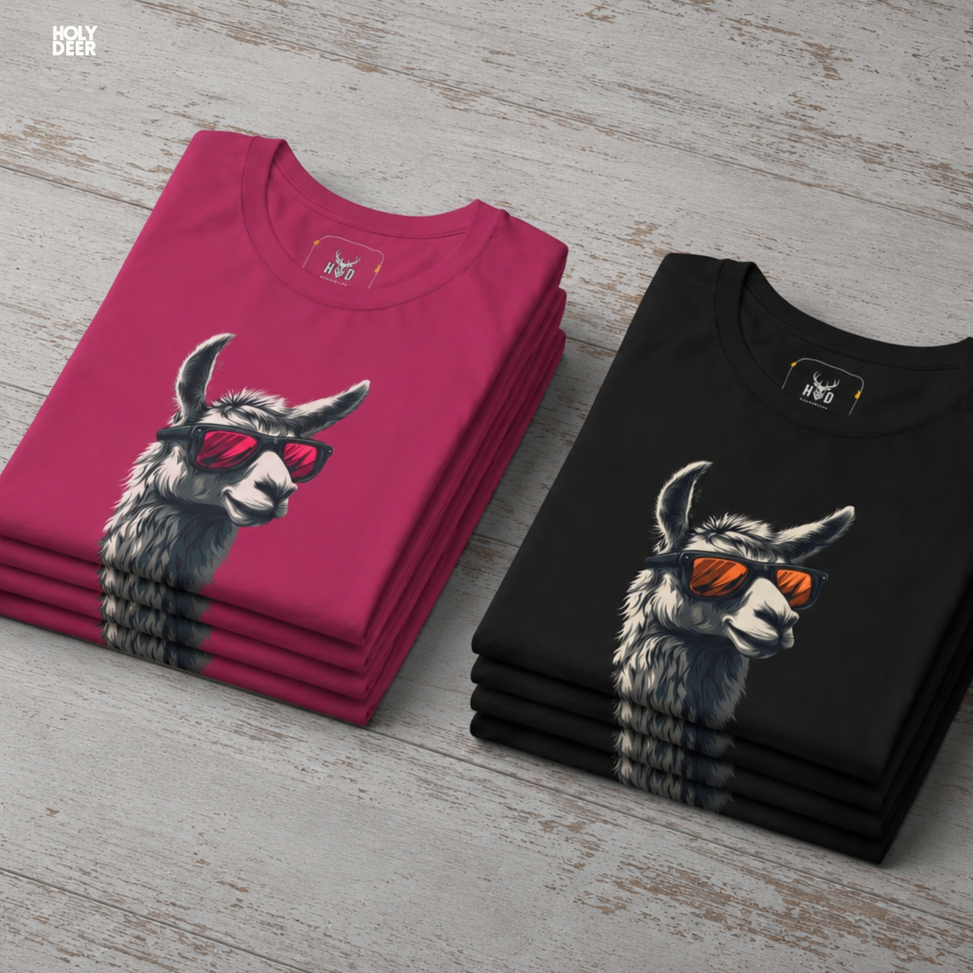 Angled perspective of the premium screen-printed Cool Llama Shirt, detailing the thick paint feel, sunglasses llama tee alignment, and the signature holydeer tee high-contrast modern graphic tee look.