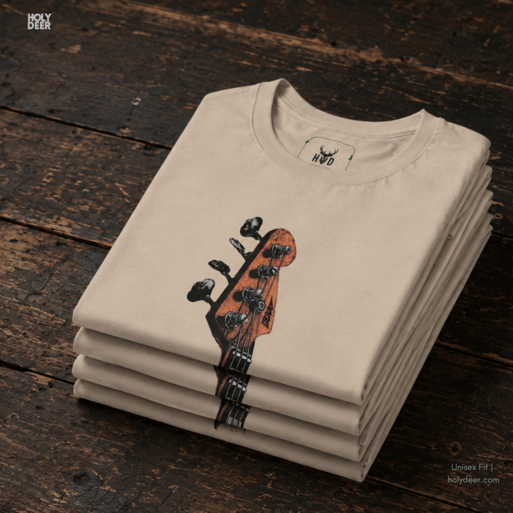 Extreme close-up of the Bass Guitar Tee graphic highlighting the intricate electric guitar art textures, jazz bassist shirt wood grain lines, and raw artistic detailing by Holydeer Streetwear.