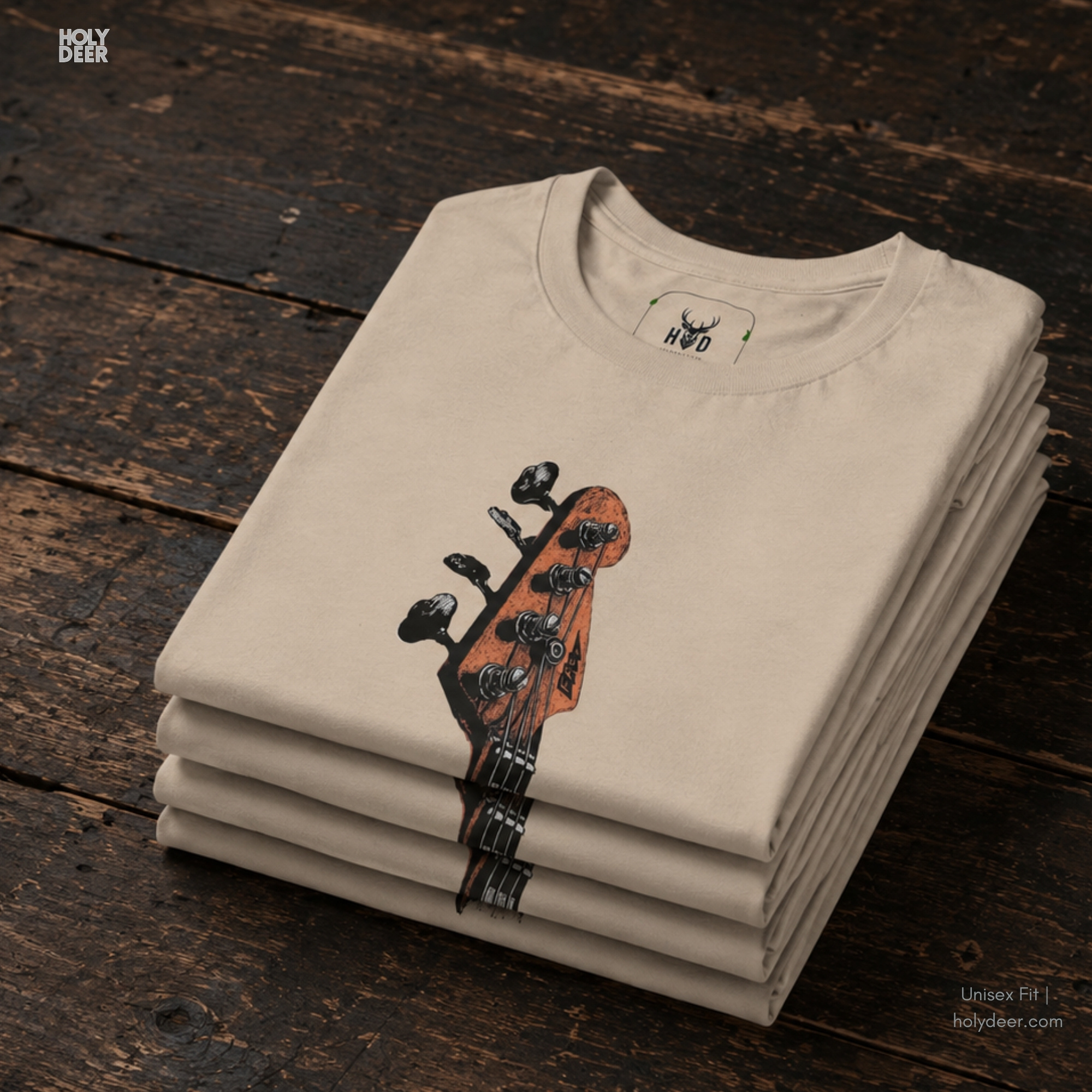 Extreme close-up of the Bass Guitar Tee graphic highlighting the intricate electric guitar art textures, jazz bassist shirt wood grain lines, and raw artistic detailing by Holydeer Streetwear.