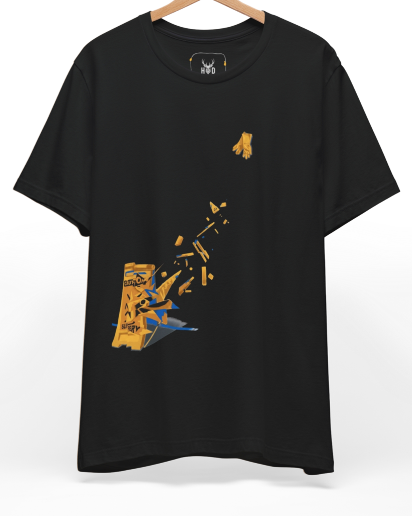 Premium Caution Sign Tee displaying a unique asymmetric graphic illustration with a shattered slippery when wet sign, designed by Holydeer Clothing for ironic streetwear and funny graphic shirt collectors.