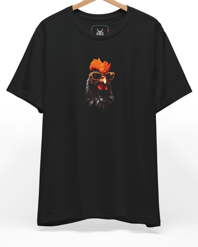 Premium Cool Rooster Tee displaying a sharp centered graphic illustration with a badass rooster wearing sunglasses, designed by Holydeer Clothing for streetwear animal and funny rooster shirt collectors.