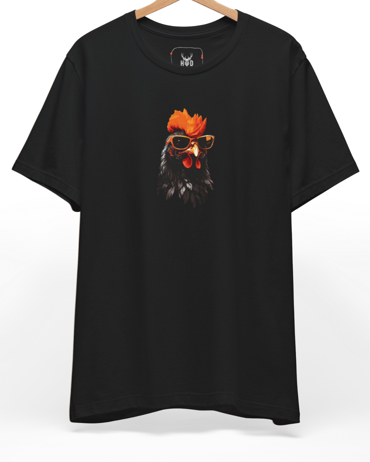 Premium Cool Rooster Tee displaying a sharp centered graphic illustration with a badass rooster wearing sunglasses, designed by Holydeer Clothing for streetwear animal and funny rooster shirt collectors.