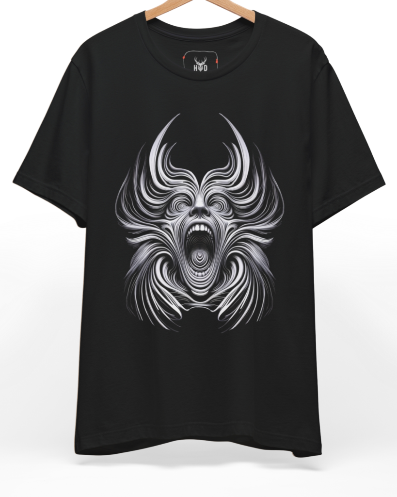 Premium Dark Psychedelic Tee displaying a high-detail minimalist illustration with a gothic screaming top shape, designed by Holydeer Clothing for metalhead apparel and abstract scream tee fans.