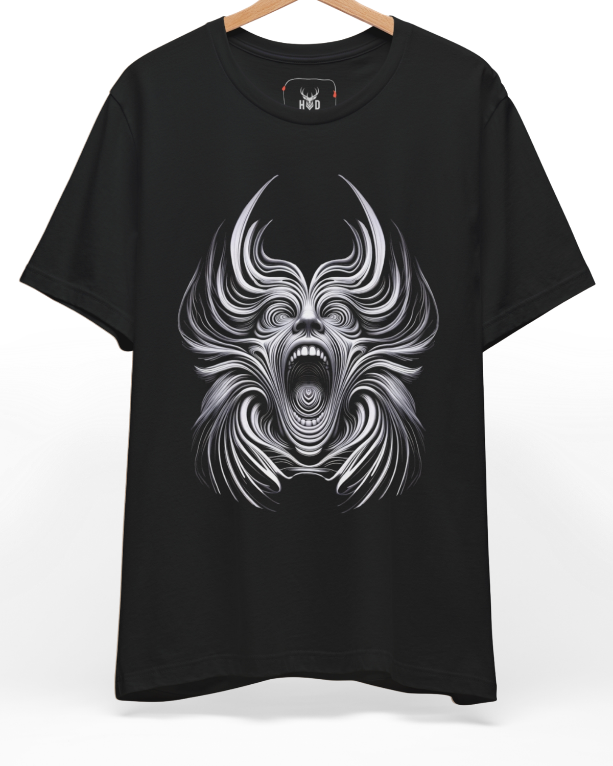 Premium Dark Psychedelic Tee displaying a high-detail minimalist illustration with a gothic screaming top shape, designed by Holydeer Clothing for metalhead apparel and abstract scream tee fans.