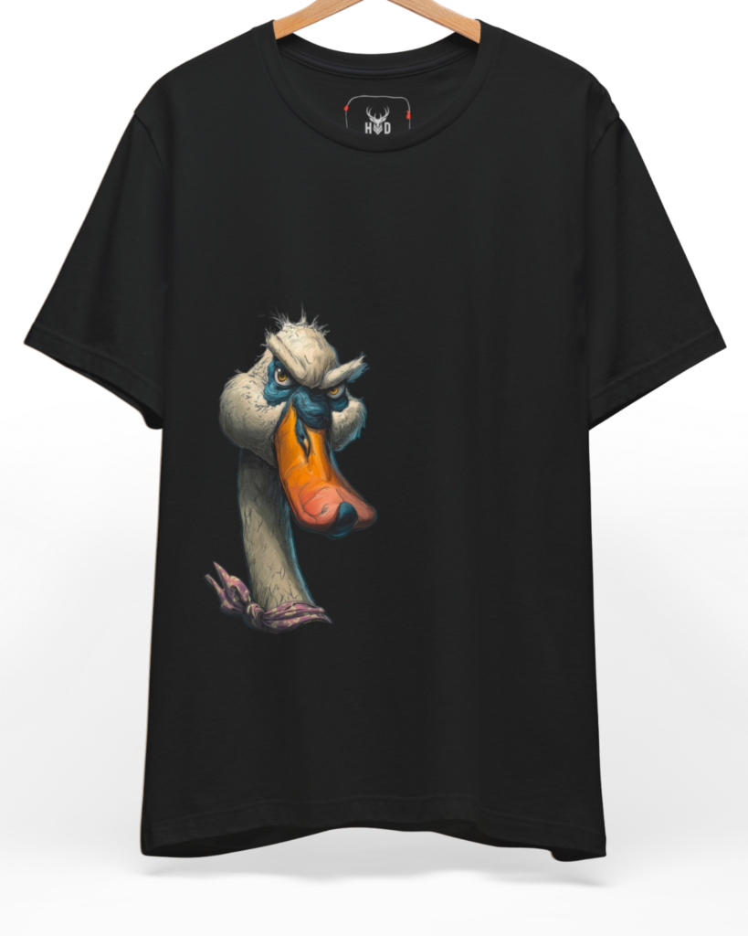 Premium Grumpy Duck Shirt displaying a unique asymmetric graphic illustration with an angry goose face, designed by Holydeer Clothing for quirky streetwear and funny animal top collectors.