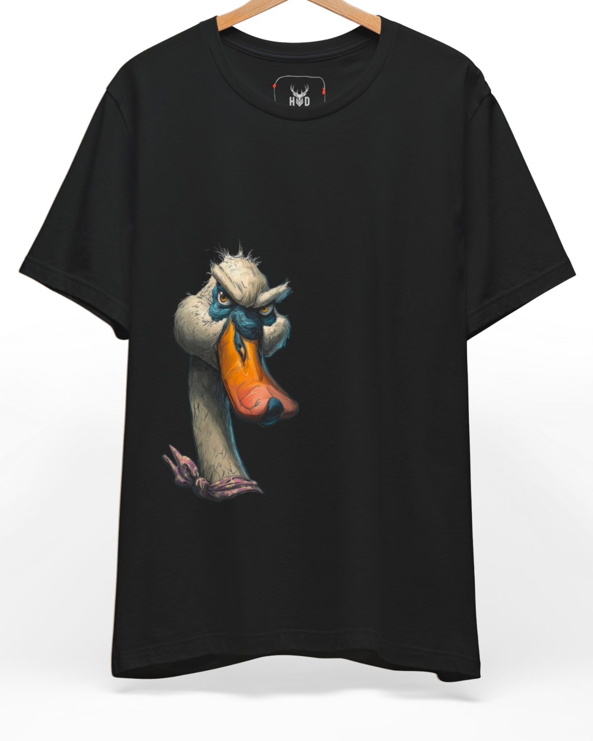 Premium Grumpy Duck Shirt displaying a unique asymmetric graphic illustration with an angry goose face, designed by Holydeer Clothing for quirky streetwear and funny animal top collectors.