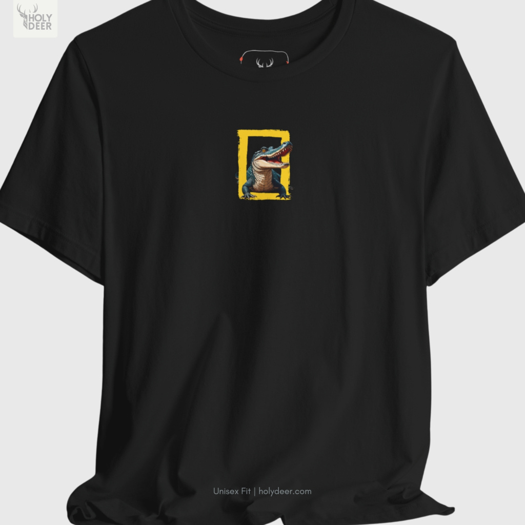Front perspective of the shirt hanging elegantly on a wooden frame against a solid dark backdrop.