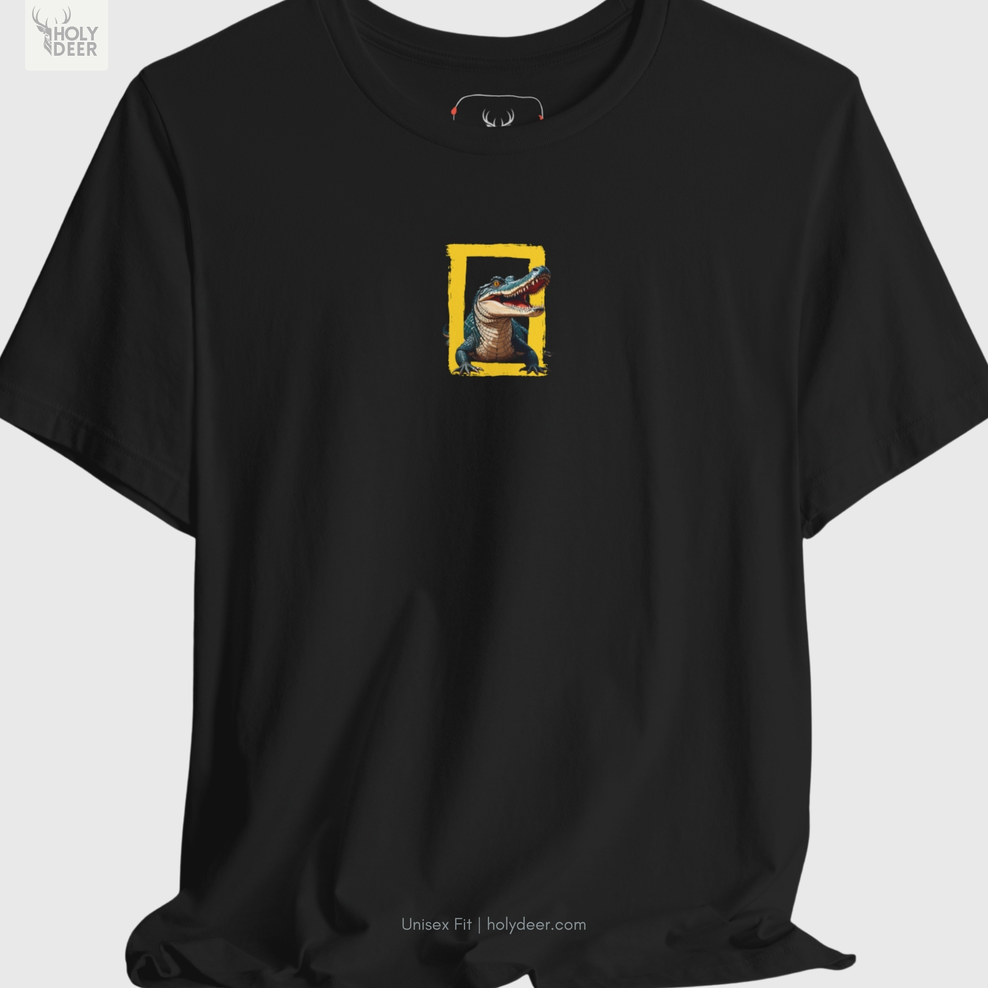 Front perspective of the shirt hanging elegantly on a wooden frame against a solid dark backdrop.