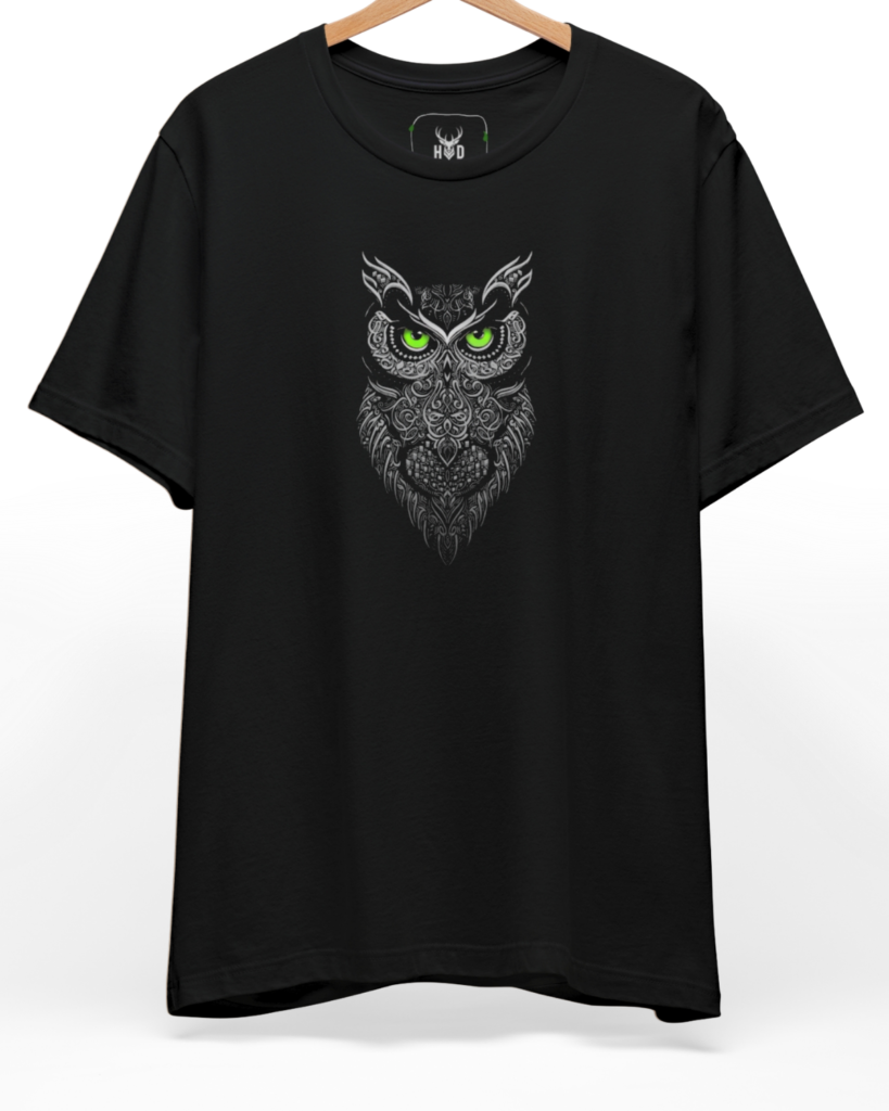 Front perspective of the deep-design-style-apparel-boho-owl-t-shirt-exclusive-drop.jpg garment showing the white and green esoteric print on a premium black Holydeer shirt.