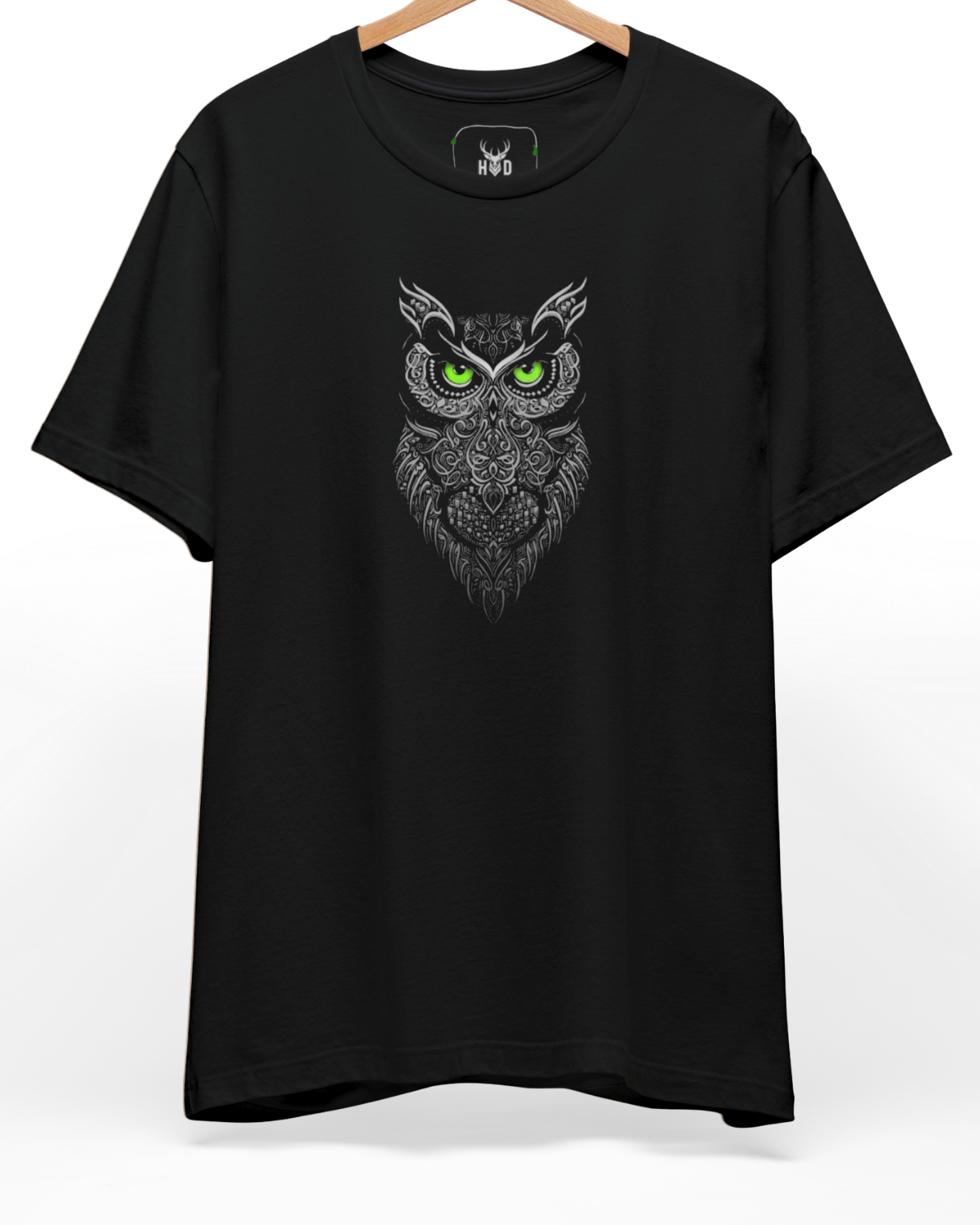 Front perspective of the deep-design-style-apparel-boho-owl-t-shirt-exclusive-drop.jpg garment showing the white and green esoteric print on a premium black Holydeer shirt.