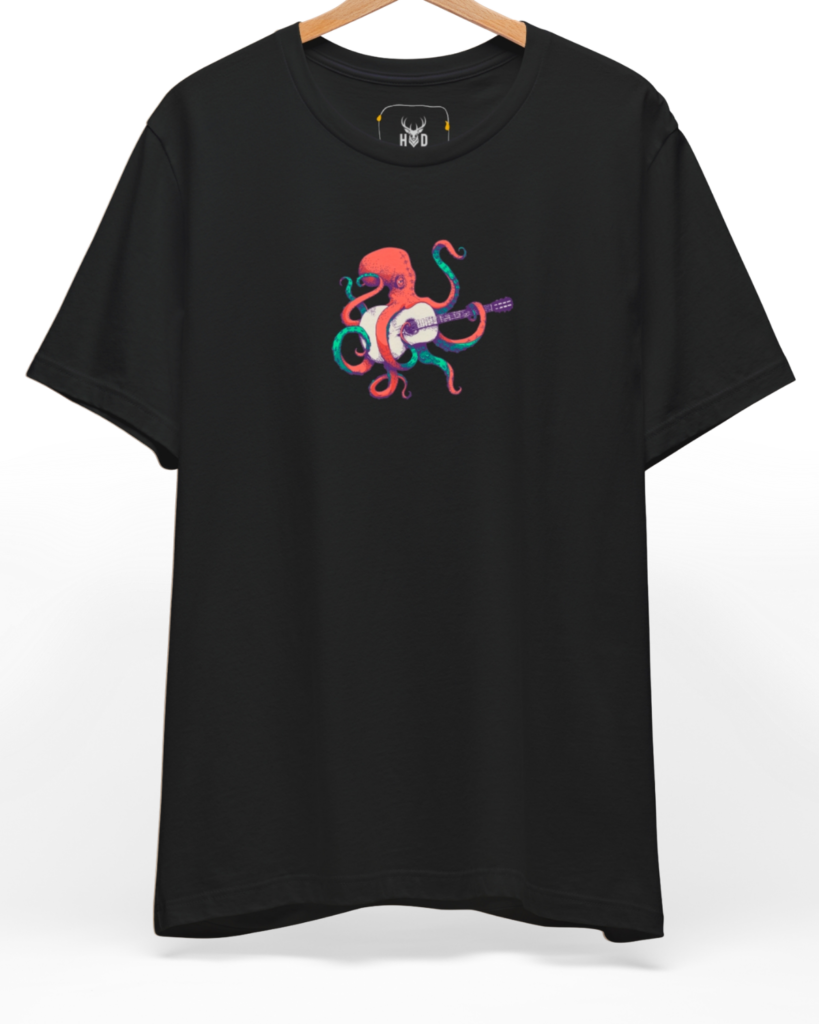 Premium Indie Musician Tee displaying a high-detail octopus guitarist and vintage music vibe concept on a petrol blue graphic shirt canvas, designed by Holydeer Clothing.