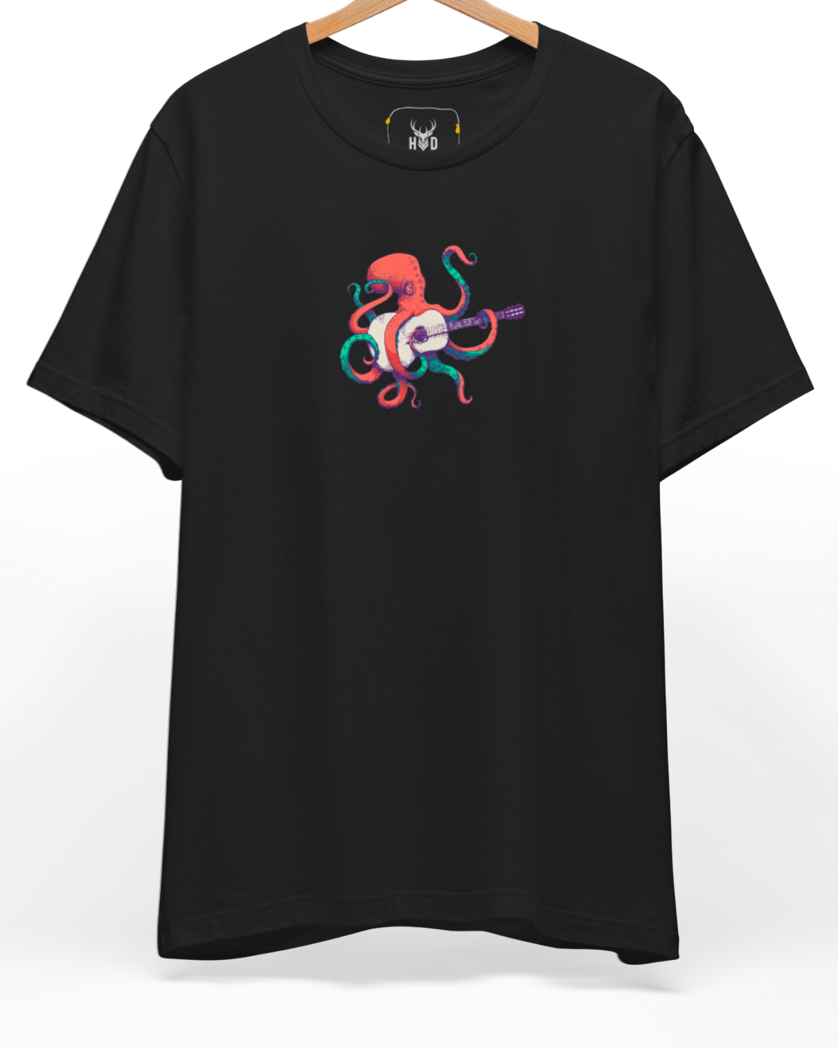 Premium Indie Musician Tee displaying a high-detail octopus guitarist and vintage music vibe concept on a petrol blue graphic shirt canvas, designed by Holydeer Clothing.