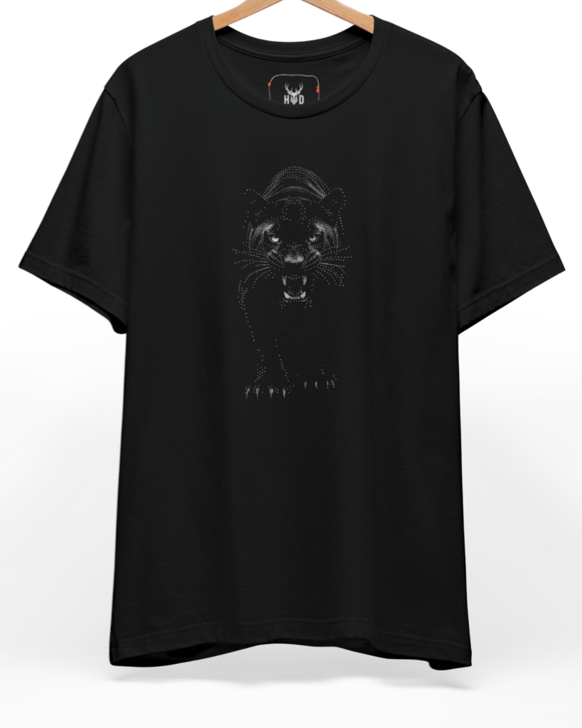 Front perspective of the black-panther-tee-minimalist-panther-stipple-art-shirt-holydeer.jpg.jpg garment showing the white pointillism print on a premium black Holydeer shirt.