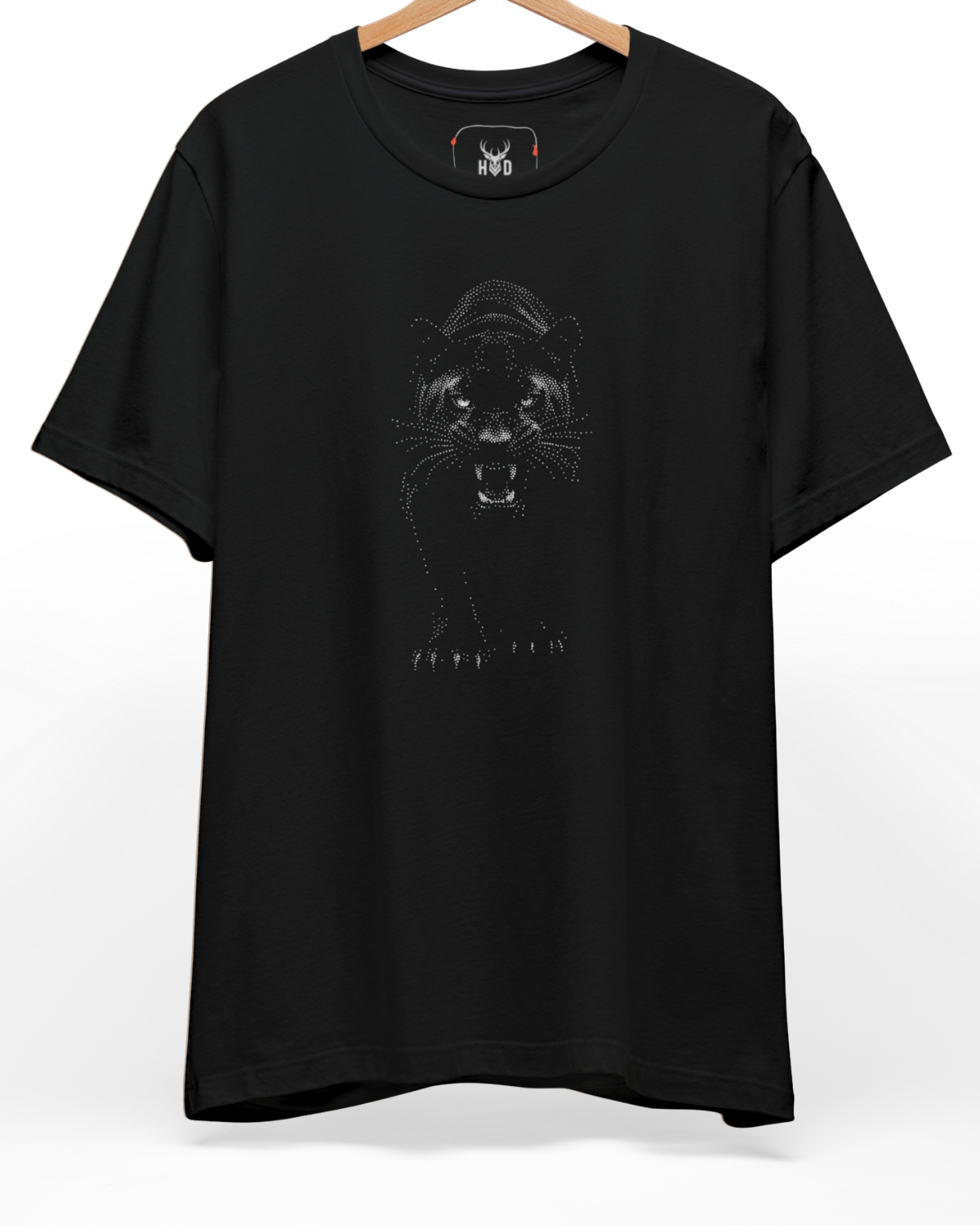 Front perspective of the black-panther-tee-minimalist-panther-stipple-art-shirt-holydeer.jpg.jpg garment showing the white pointillism print on a premium black Holydeer shirt.
