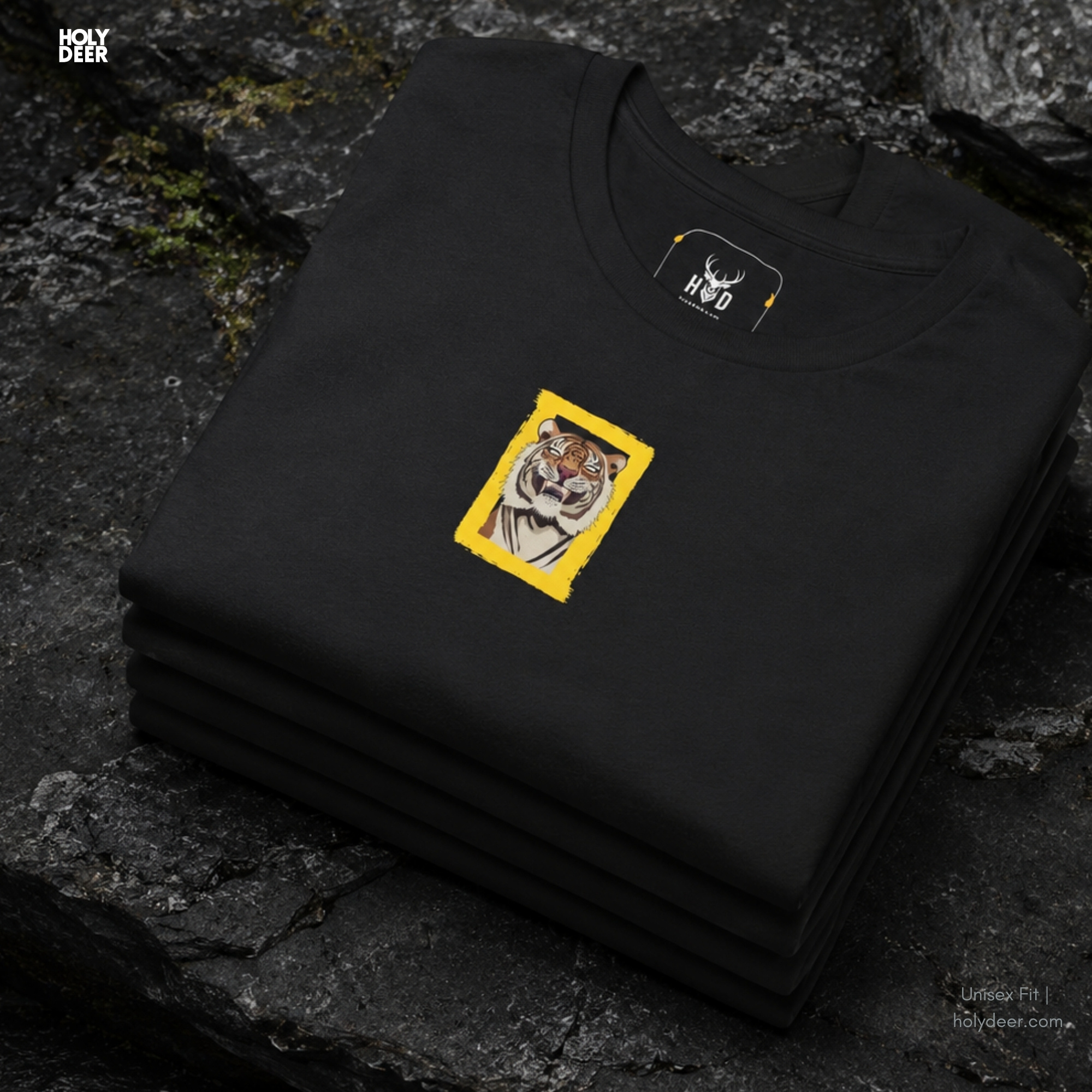 High-magnification print detail tracking the sharp canine teeth vectors, soft pink tongue accent, and realistic nose bridge wrinkles forming the face of the roaring tiger shirt.
