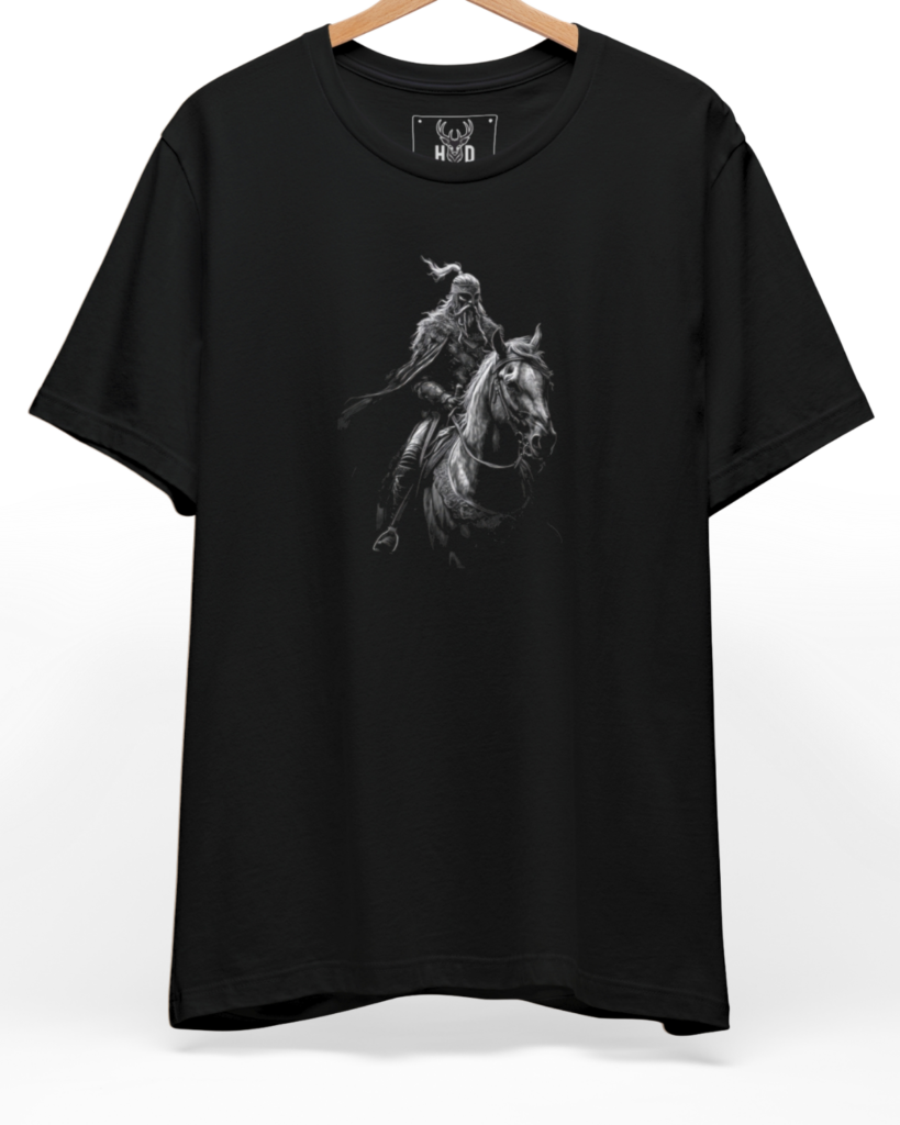 Front perspective of the black-turkish-warrior-tee-attila-the-hun-shirt-holydeer.jpg garment showing the desaturated chalky ink rider illustration printed on a premium black Holydeer shirt.