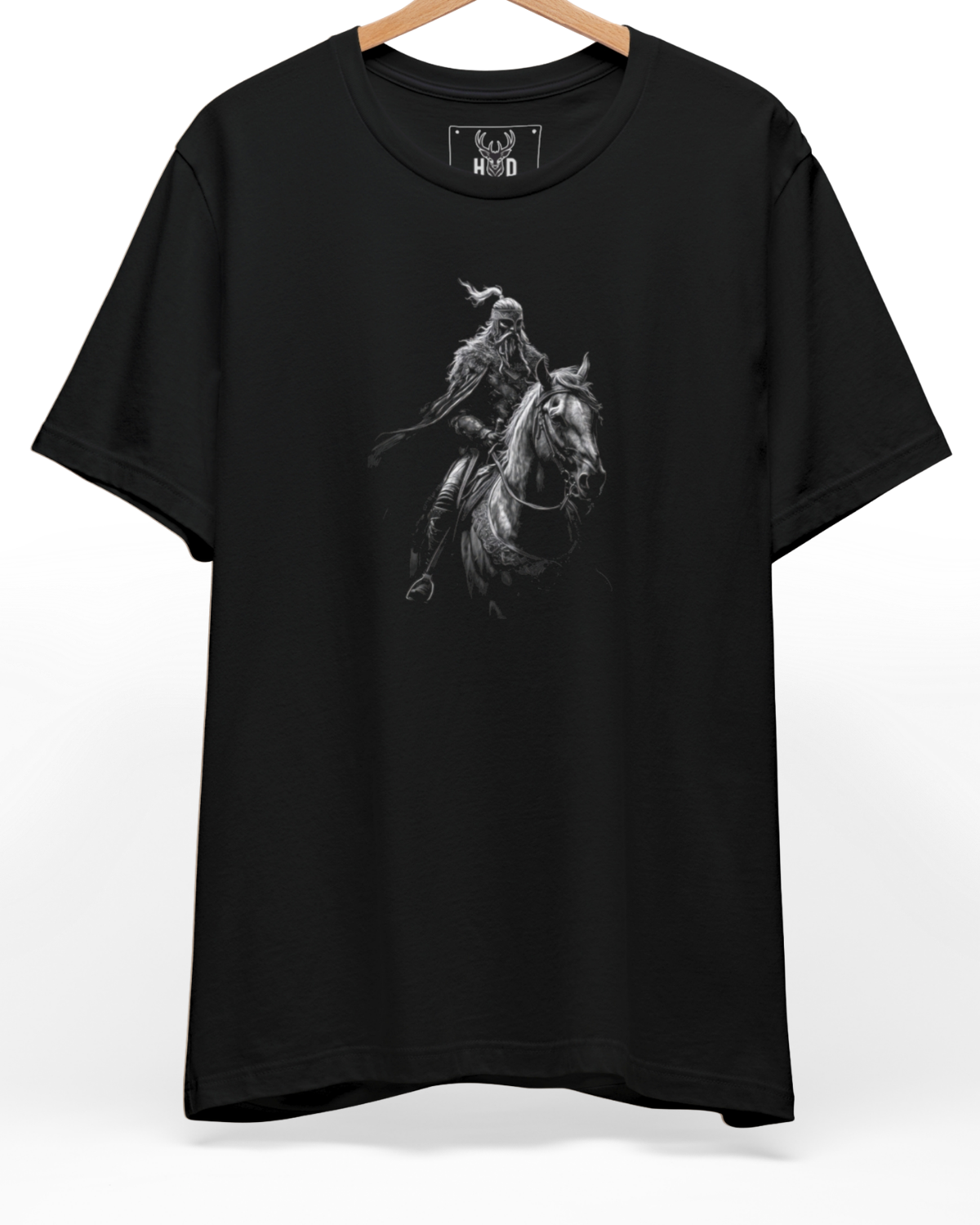 Front perspective of the black-turkish-warrior-tee-attila-the-hun-shirt-holydeer.jpg garment showing the desaturated chalky ink rider illustration printed on a premium black Holydeer shirt.
