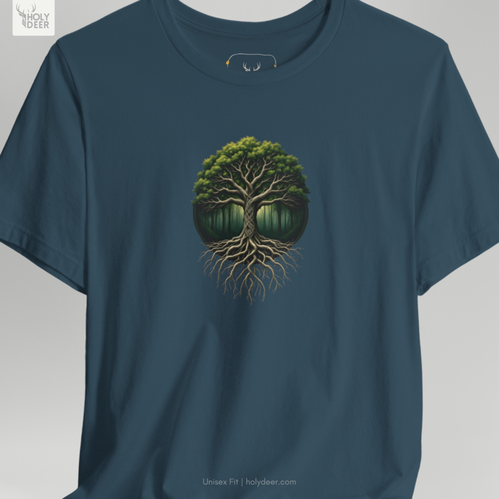 Full-length editorial lookbook capture showing a model styling the sage graphic tee with relaxed dark utility trousers in a sun-drenched plant conservatory environment.