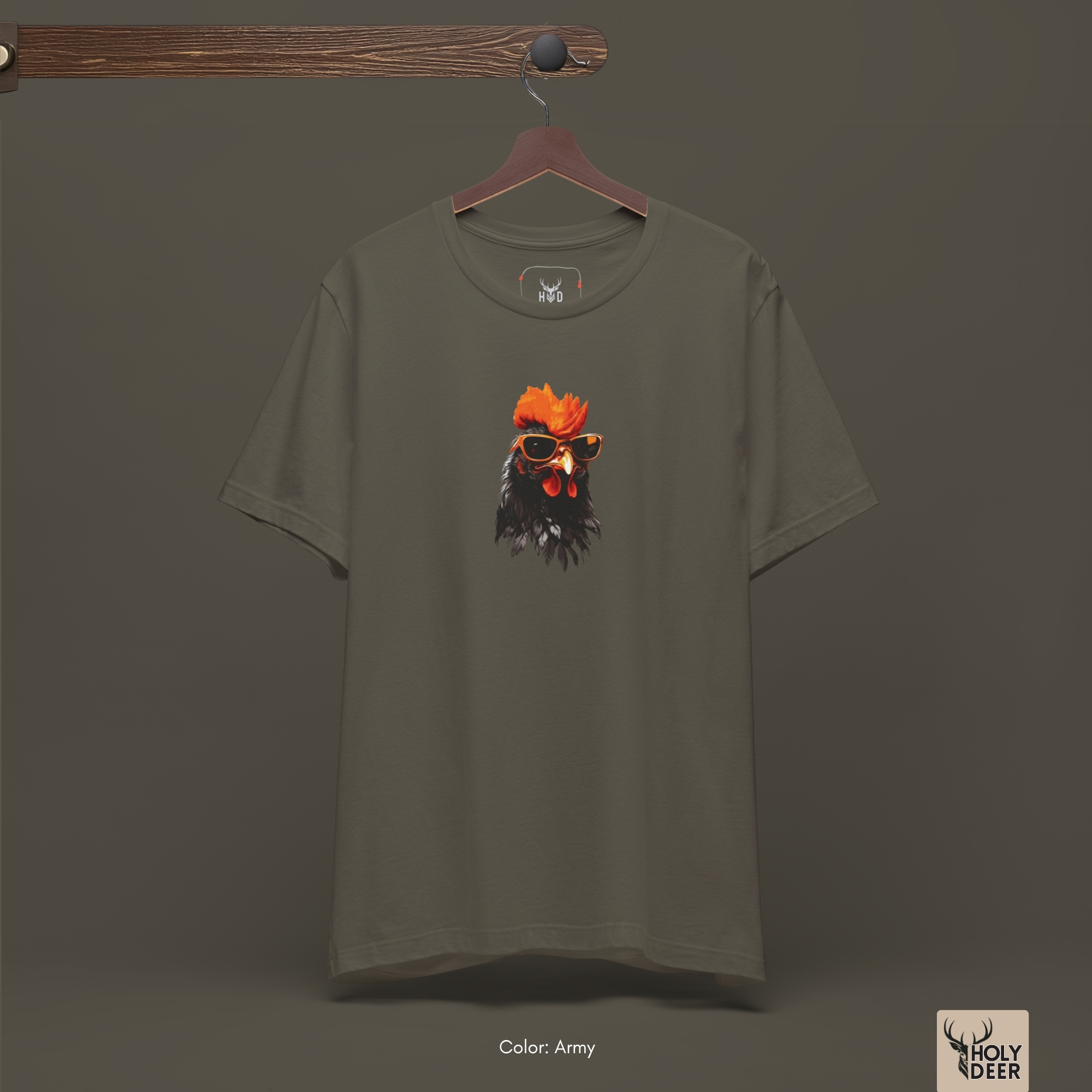 Macro view of the intense rooster sunglasses reflection embedded in the Cool Rooster Tee artwork, showing the line-art depth that separates this holydeer tee from generic products.