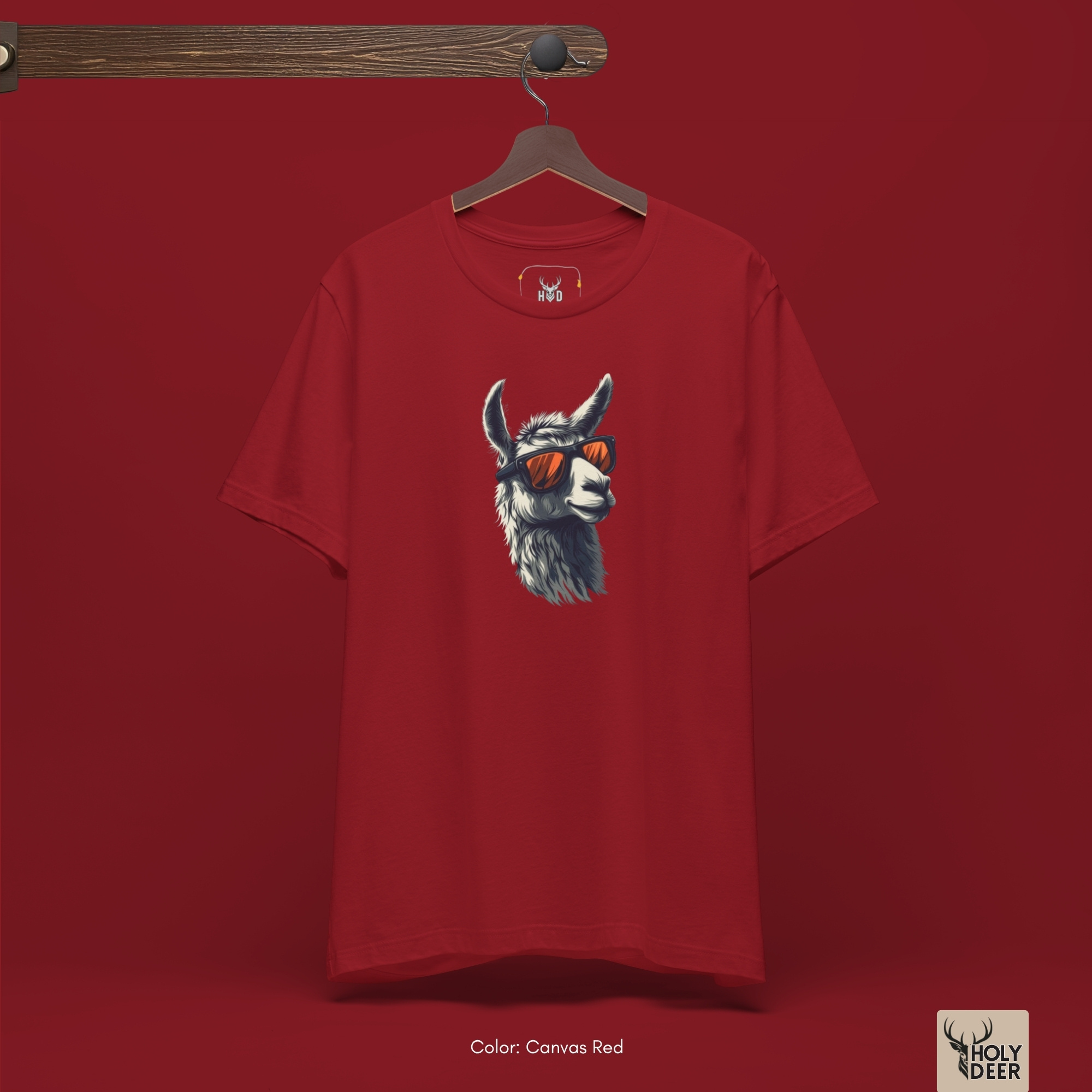 A candid outdoor lifestyle photo featuring a festival goer wearing the official Cool Llama Shirt by Holydeer Clothing, blending seamlessly into raw quirky streetwear and dynamic aesthetic animal art environments.