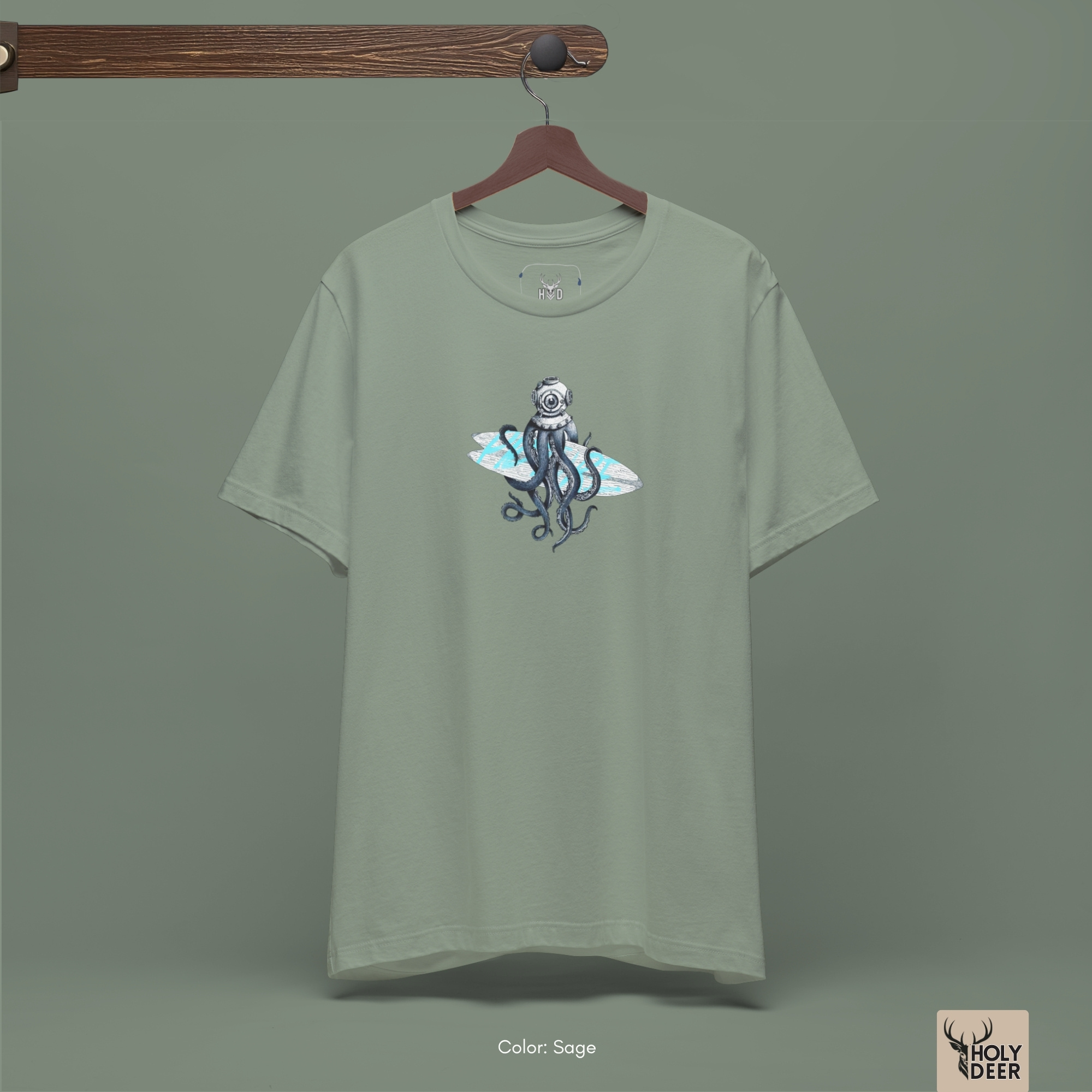 Minimalist blue-grey backdrop focusing heavily on the standalone silhouette of the Diver Octopus Shirt by Holydeer, proving it acts as a unique scuba diver gift and an essential surfwear aesthetic piece.