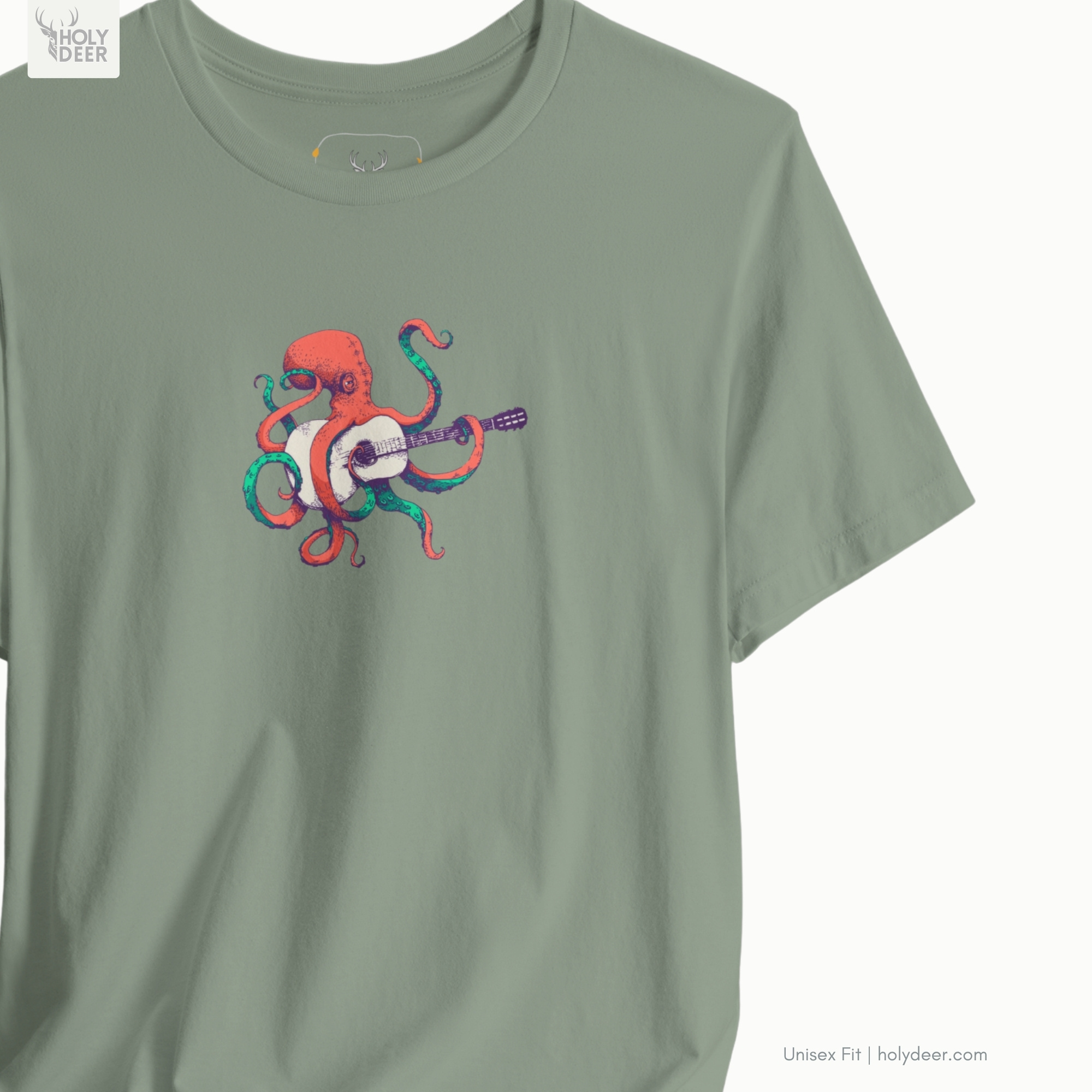 Angled perspective of the premium screen-printed Indie Musician Tee, detailing the thick paint feel of the coral-orange and green tentacles, centered layout placement, and the signature holydeer tee high-contrast design.