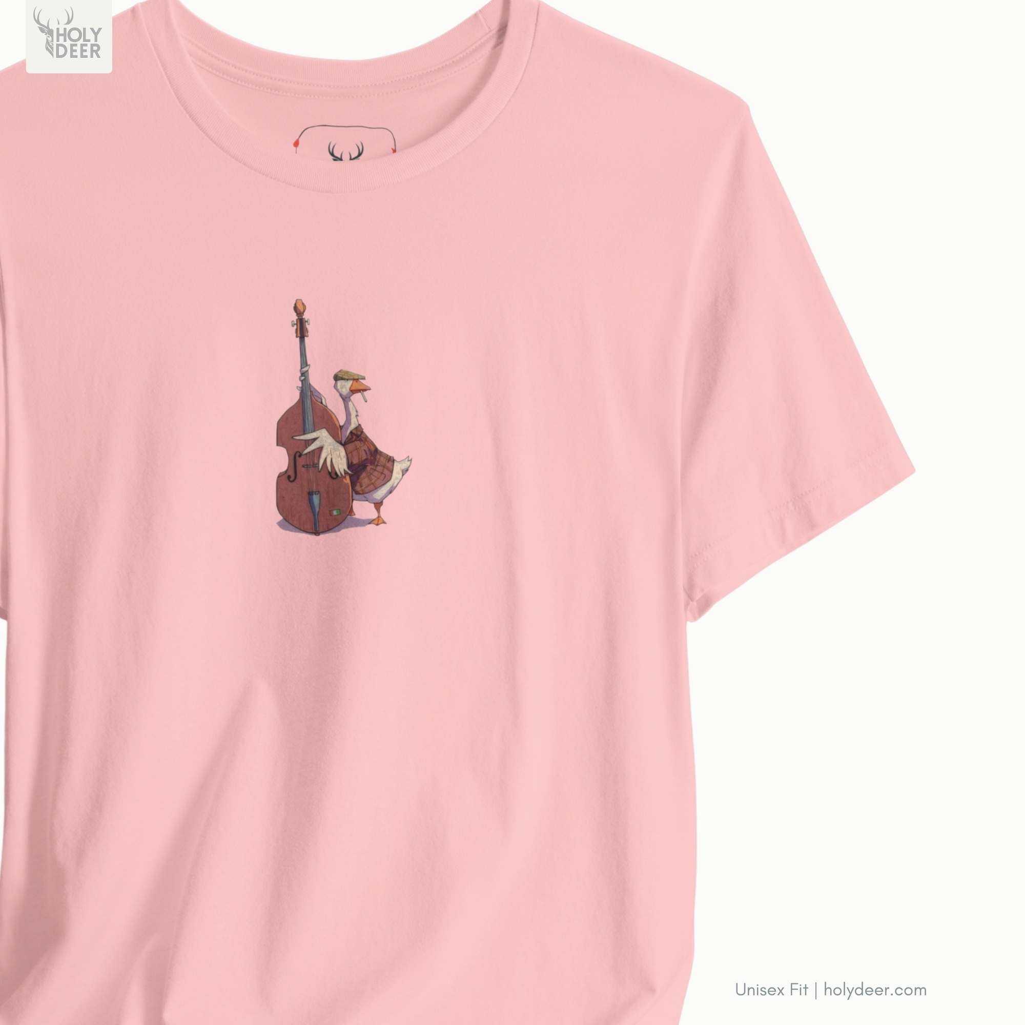 Professional flat lay photography of the Musician Goose Top by Holydeer Apparel, arranged elegantly next to vintage vinyl jazz records and high-end mahogany instrument tee maintenance gear.
