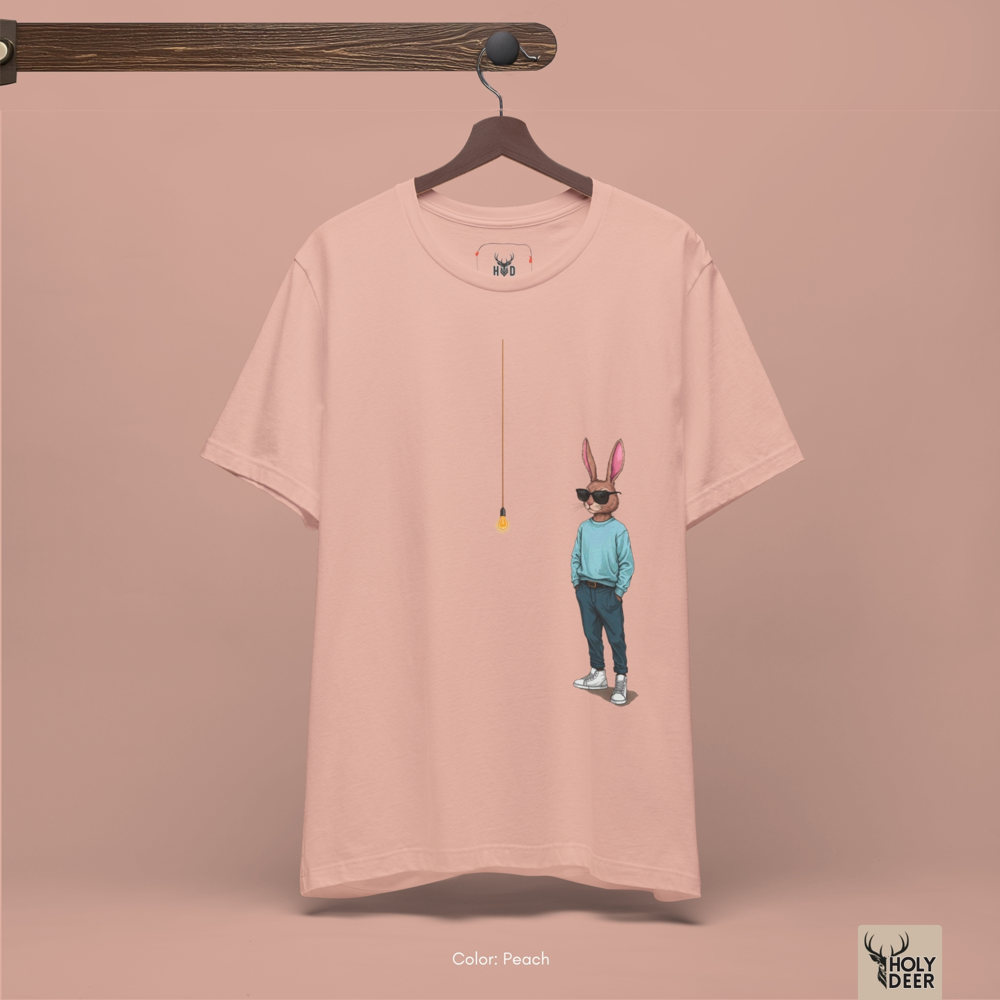 Angled perspective of the premium screen-printed Cool Rabbit Shirt, detailing the thick paint feel of the mint sweater and long wireframe cord line, chest layout placement, and the signature holydeer tee high-contrast design.