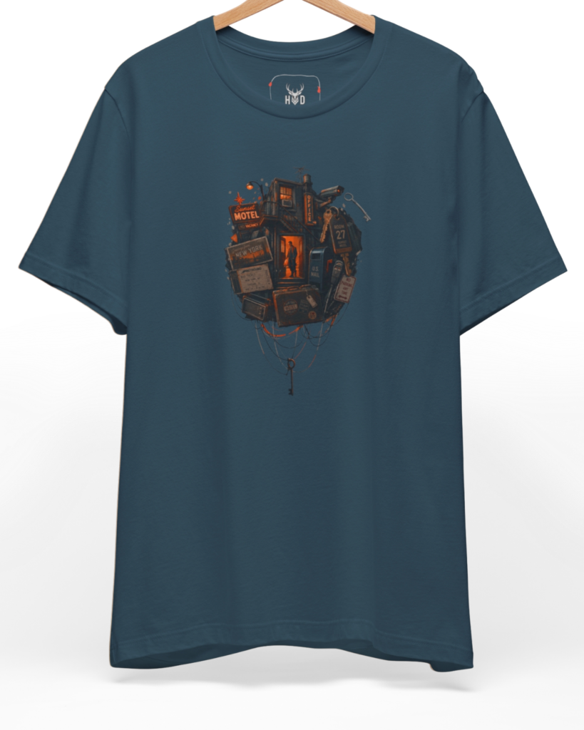 Premium Cyberpunk Tee featuring a dark dystopian future cyber noir motel line art graphic illustration, exclusively designed by Holydeer Clothing for high-end futuristic streetwear apparel enthusiasts looking for unique indie creator wear.