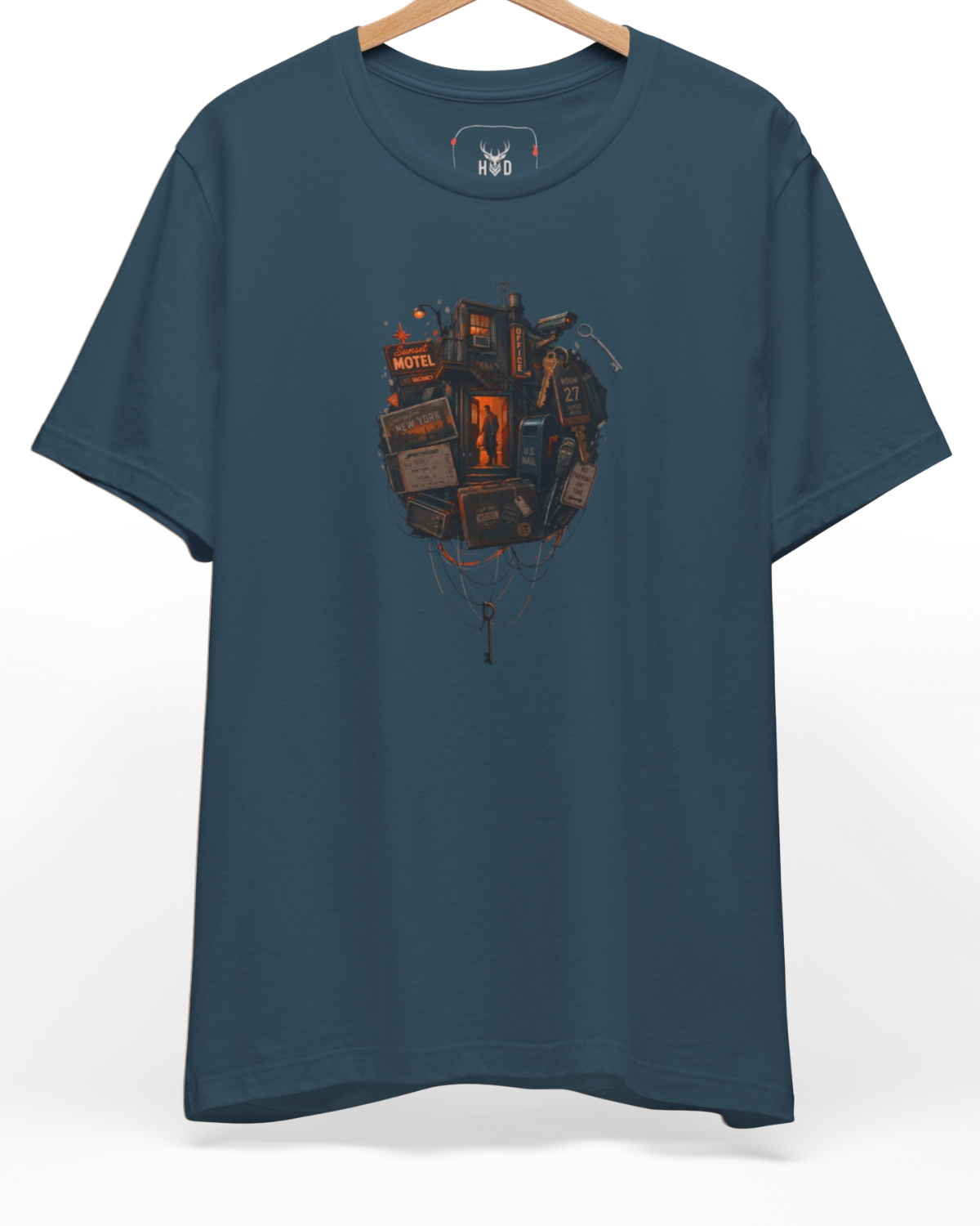 Premium Cyberpunk Tee featuring a dark dystopian future cyber noir motel line art graphic illustration, exclusively designed by Holydeer Clothing for high-end futuristic streetwear apparel enthusiasts looking for unique indie creator wear.