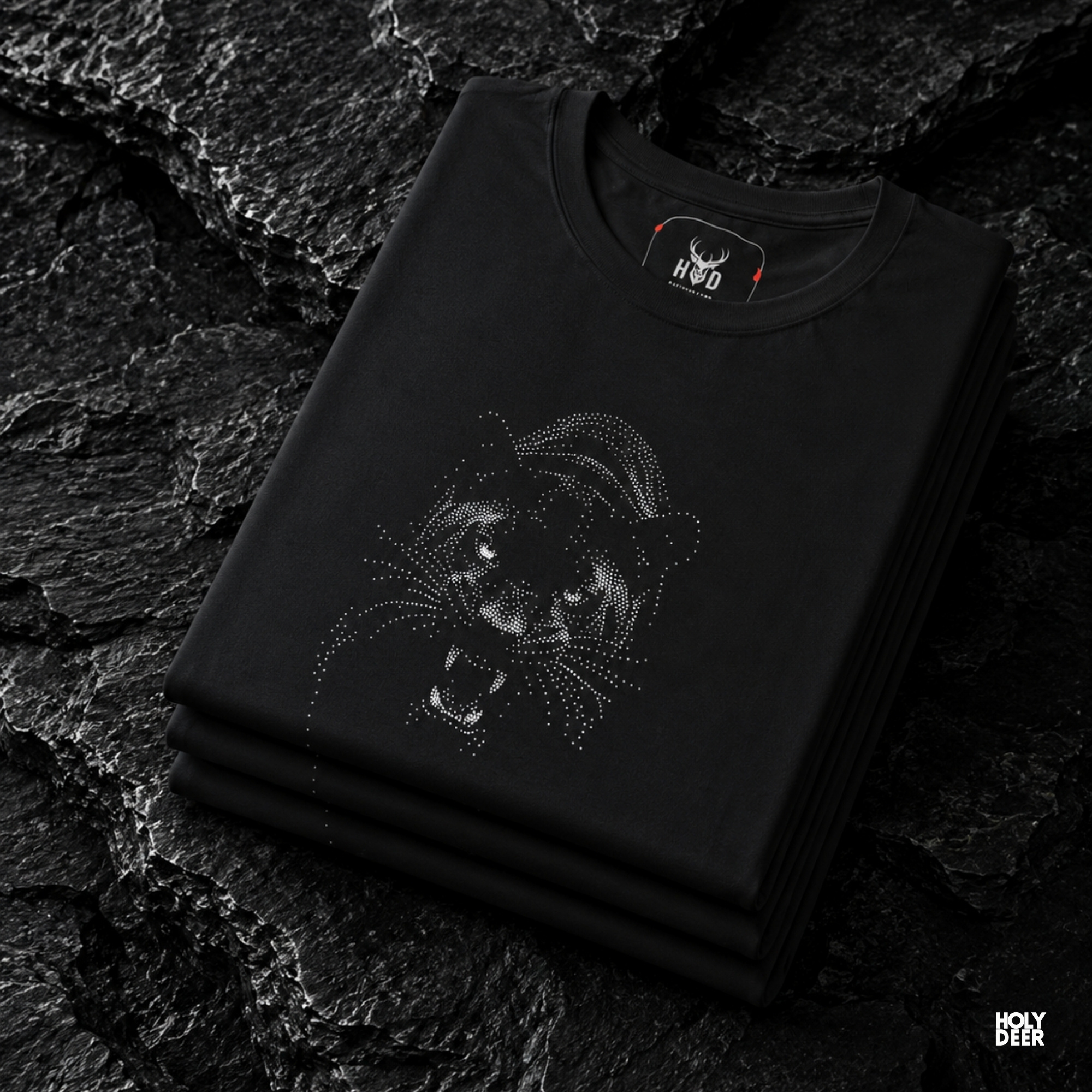 High-magnification print detail tracking the tightly grouped white ink points, sharp circular borders, and deep negative shadow space forming the gaze of the minimalist panther.