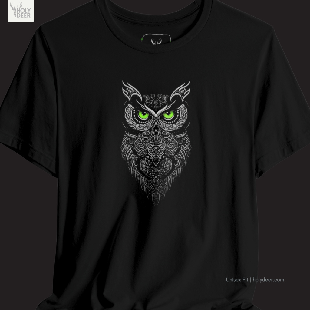 High-magnification print detail tracking the vibrant lime green ink fills, dark split pupils, and thin silver feather rings forming the hypnotic gaze of the aesthetic owl art.