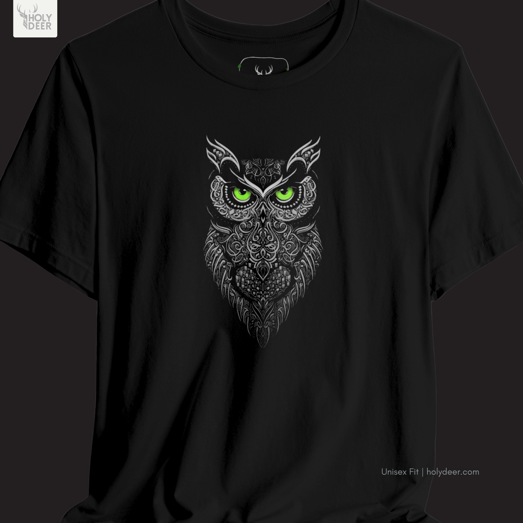 High-magnification print detail tracking the vibrant lime green ink fills, dark split pupils, and thin silver feather rings forming the hypnotic gaze of the aesthetic owl art.