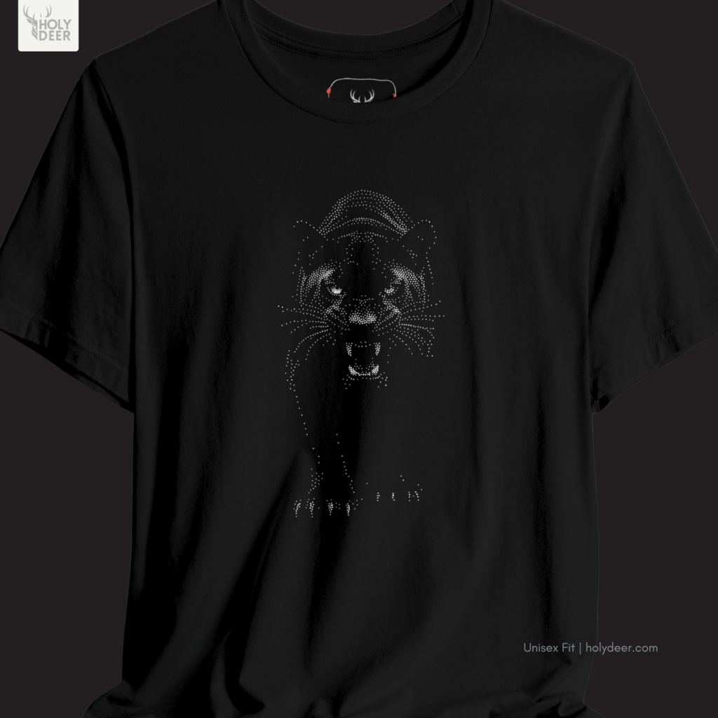 Detailed macro perspective displaying the pointed canine teeth paths, dark hollow throat cavity shadows, and fine whisker line dots on the stipple art shirt panel.