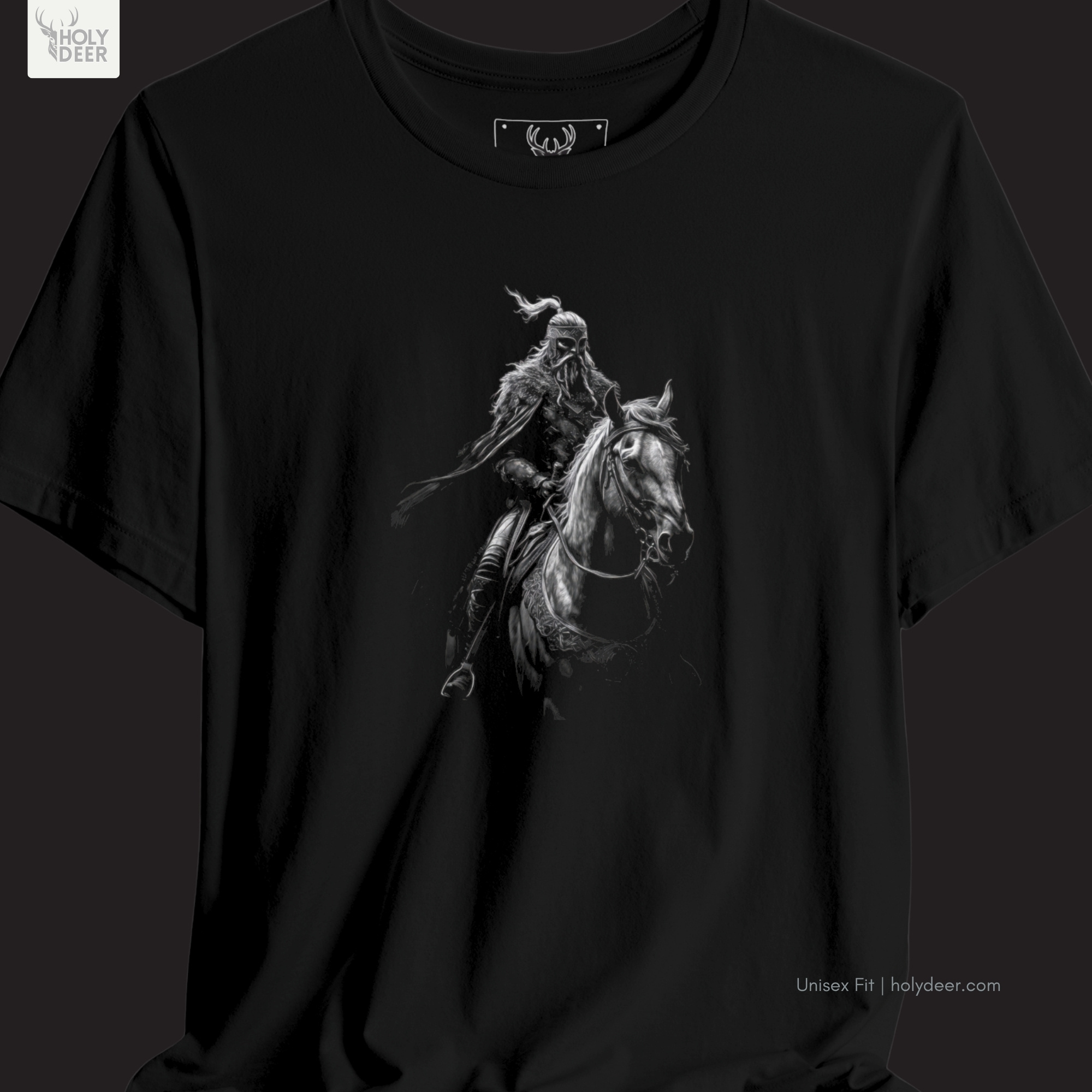 High-magnification print detail tracking the pointed metallic helmet lines, flowing horsehair helmet crest, and shadow hidden eye slits forming the face of the dark knight tee.