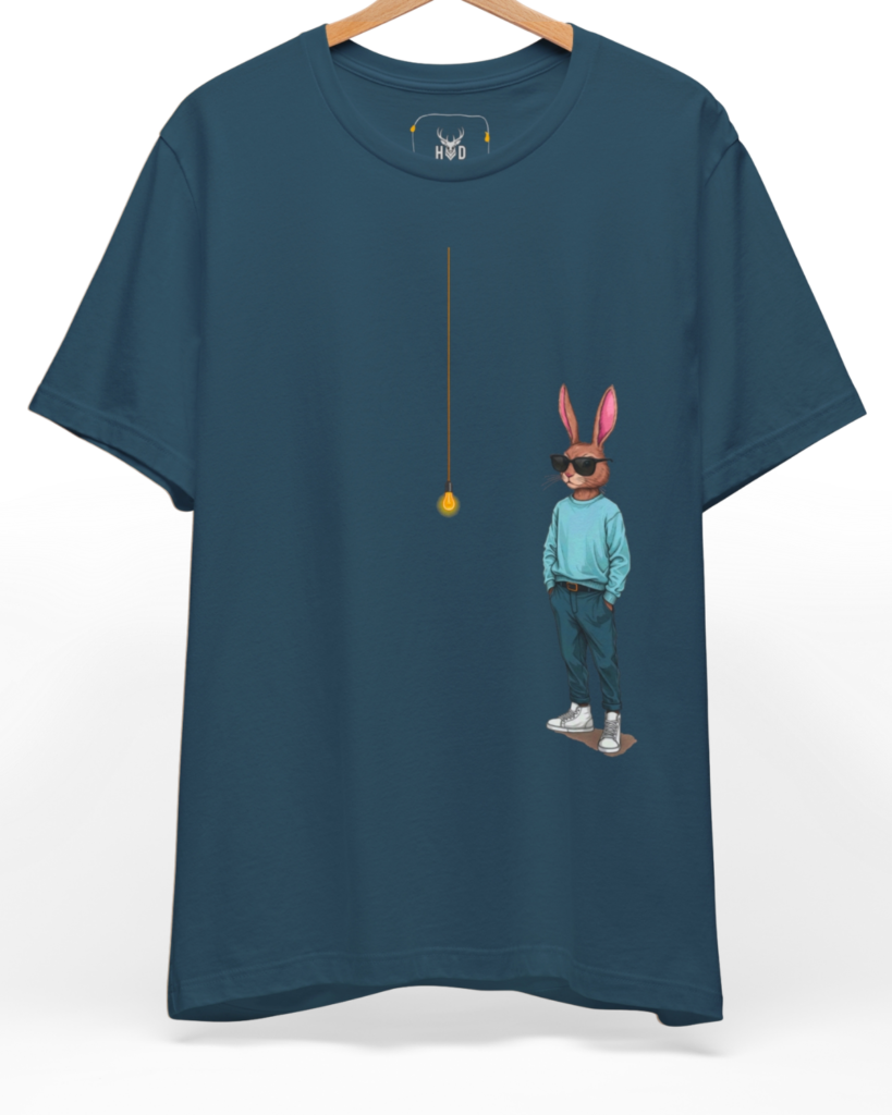 Premium Cool Rabbit Shirt displaying a high-detail lightbulb graphic and minimalist art tee concept on a deep teal top fabric layout, designed by Holydeer Clothing.