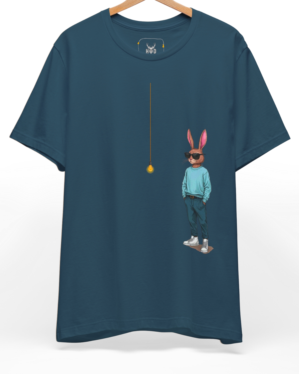 Premium Cool Rabbit Shirt displaying a high-detail lightbulb graphic and minimalist art tee concept on a deep teal top fabric layout, designed by Holydeer Clothing.