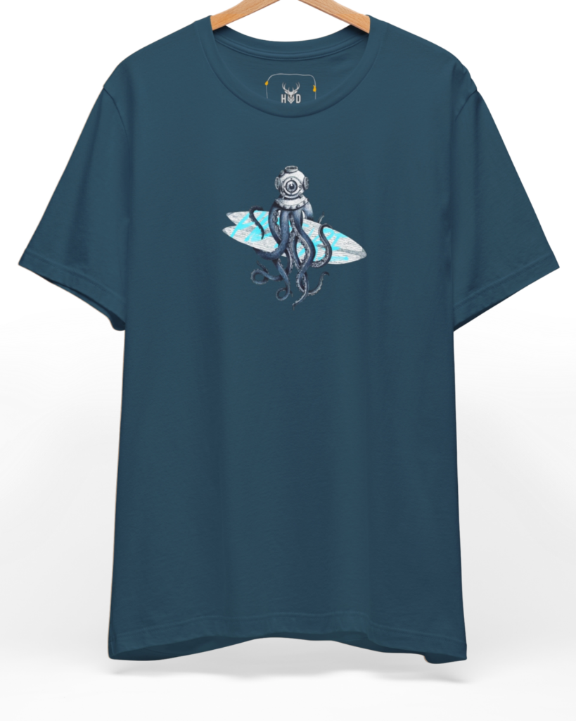 Premium Diver Octopus Shirt displaying a high-detail minimalist illustration with an antika dalgıç kaskı wrapping a surfboard graphic, designed by Holydeer Clothing for quirky streetwear and surfwear aesthetic fans.